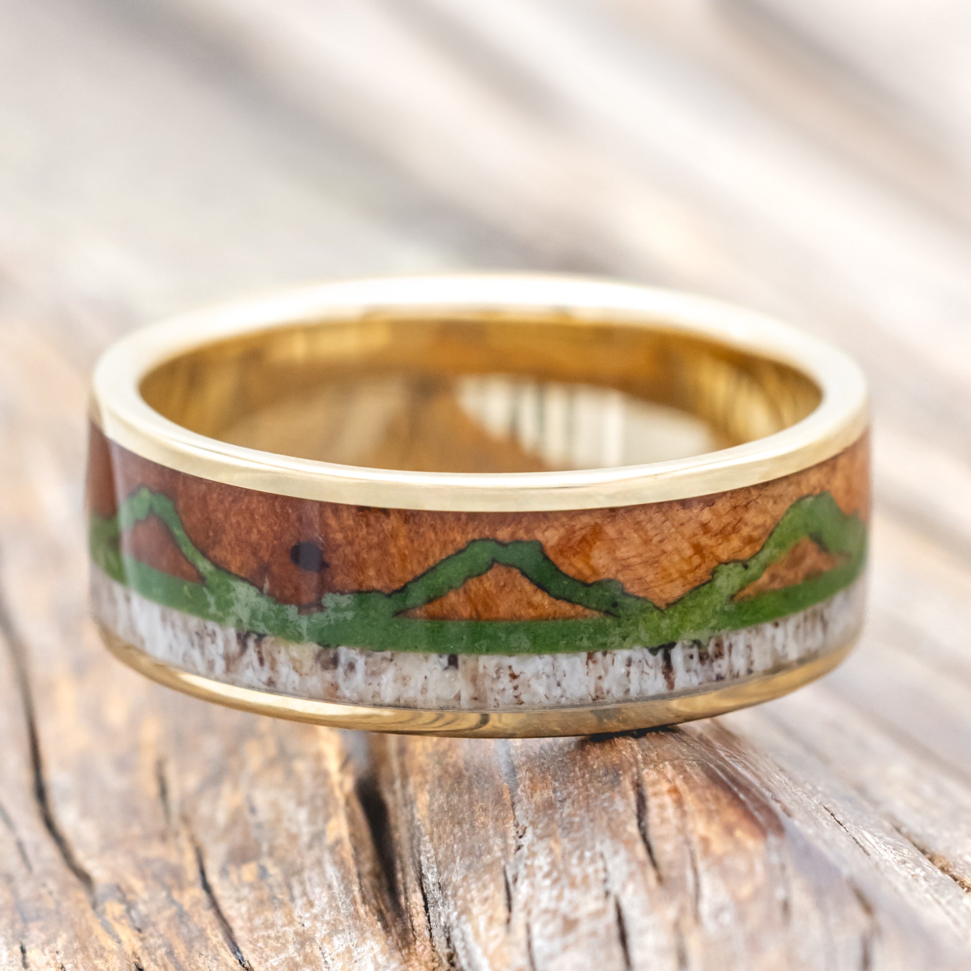"THE EXPEDITION" - MOUNTAIN ENGRAVED WEDDING RING WITH REDWOOD, MOSS & ANTLER-Staghead Designs