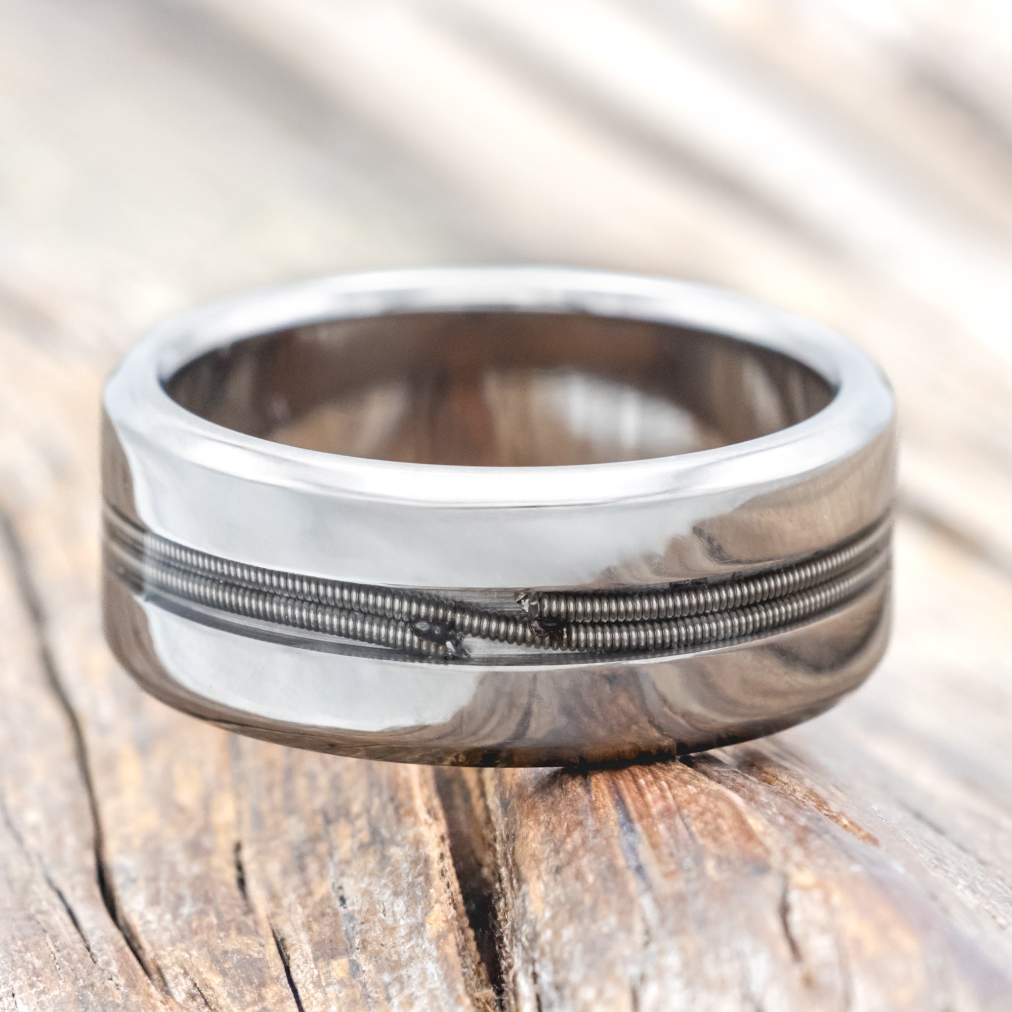 "NIRVANA" - WEDDING BAND WITH GUITAR STRING INLAY - TITANIUM - SIZE 7 1/2-Staghead Designs