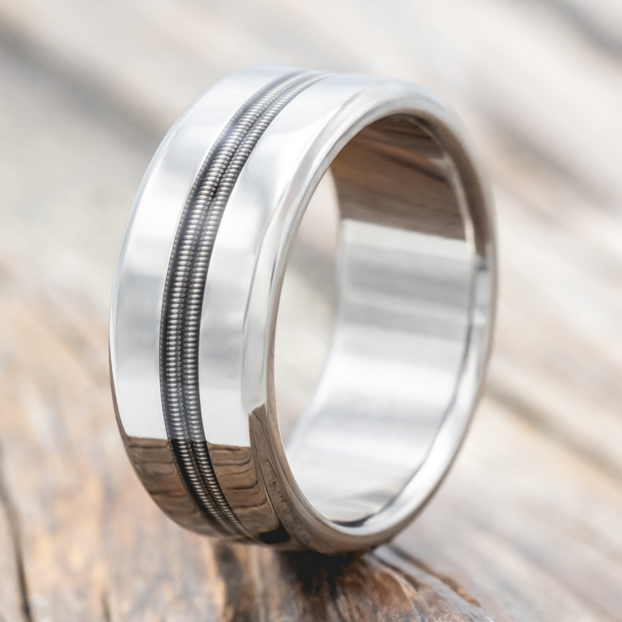 "NIRVANA" - WEDDING BAND WITH GUITAR STRING INLAY - TITANIUM - SIZE 7 1/2-Staghead Designs