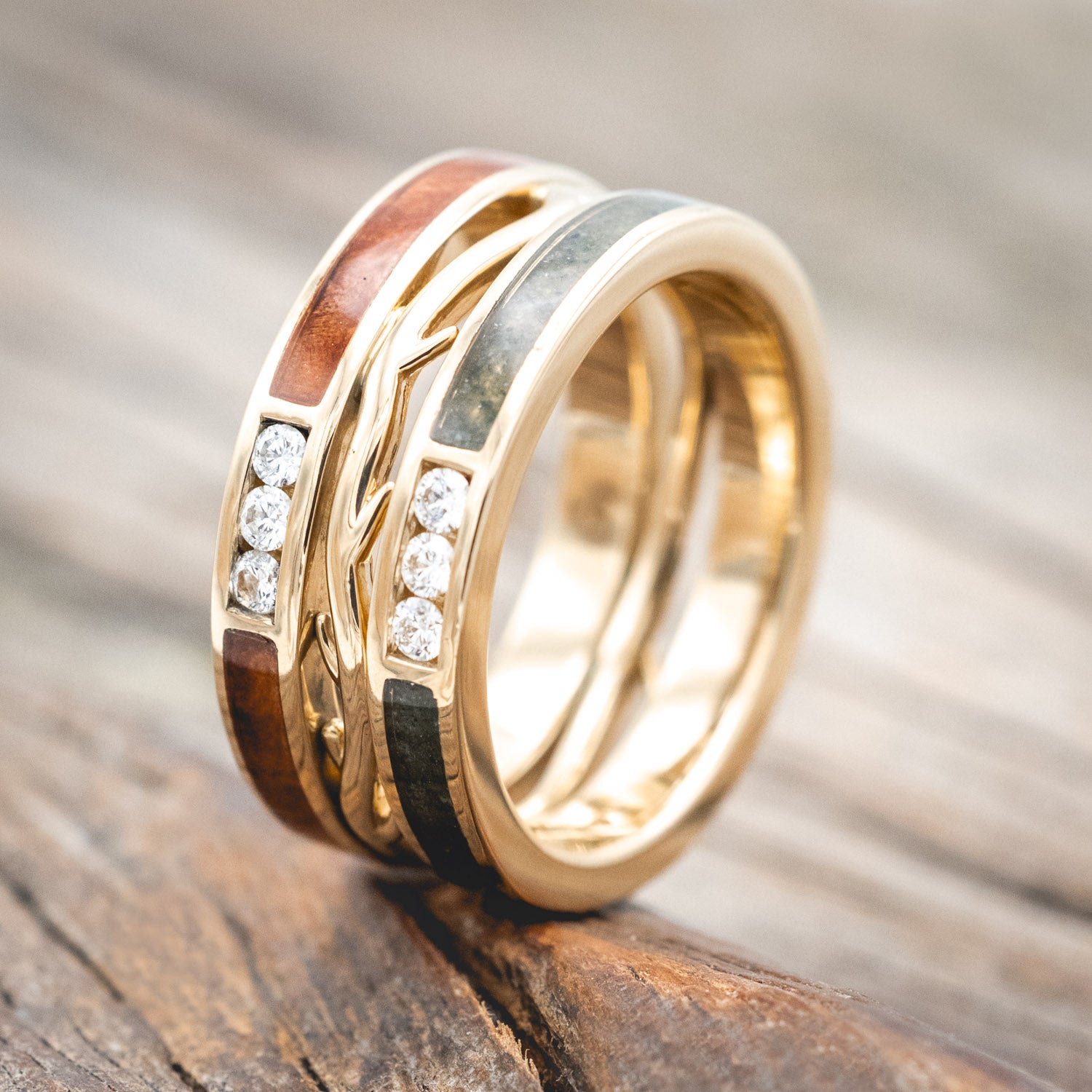 MEN'S "ARTEMIS" - MOSS AGATE & REDWOOD WEDDING RING WITH DIAMONDS ON A 14K GOLD BAND-Staghead Designs