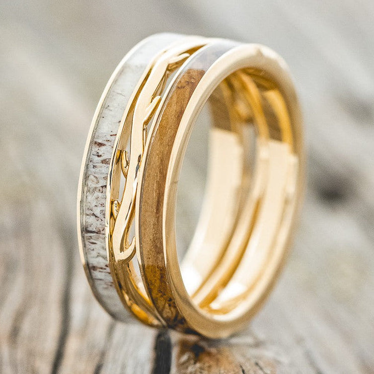 MEN'S "ARTEMIS" - WHISKEY BARREL OAK & ANTLER WEDDING RING FEATURING A 14K GOLD BAND-1