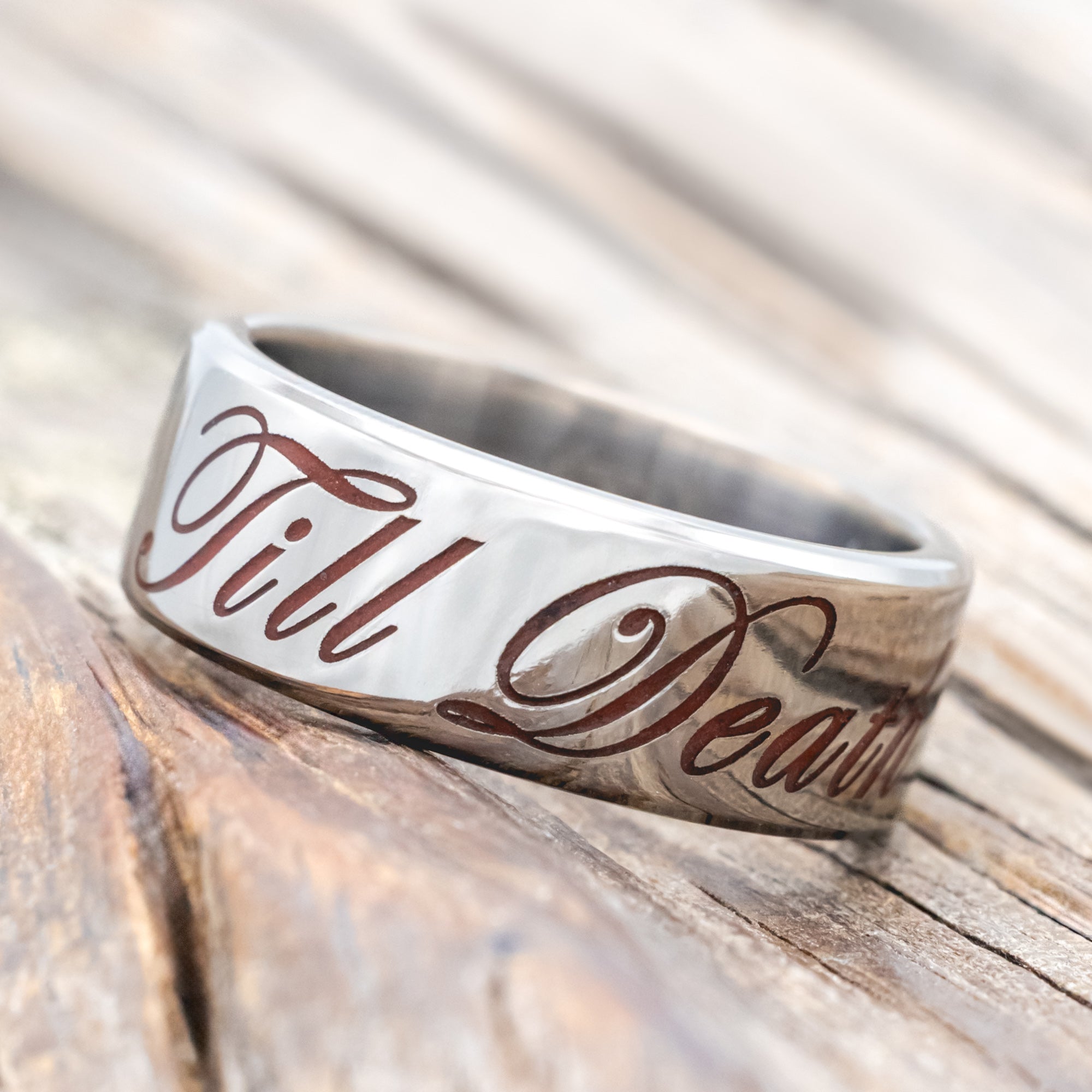 "TILL DEATH" - GLOWING ENGRAVED WEDDING RING-Staghead Designs