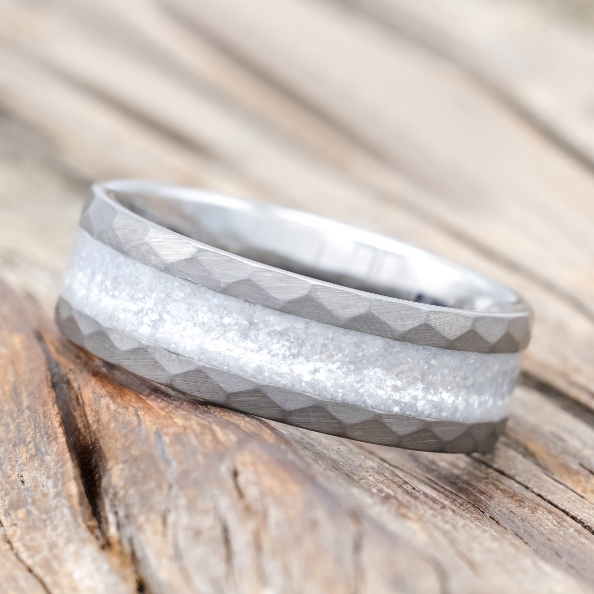"APOLLO" - FACETED TUNGSTEN WEDDING BAND WITH DIAMOND DUST INLAY-Staghead Designs