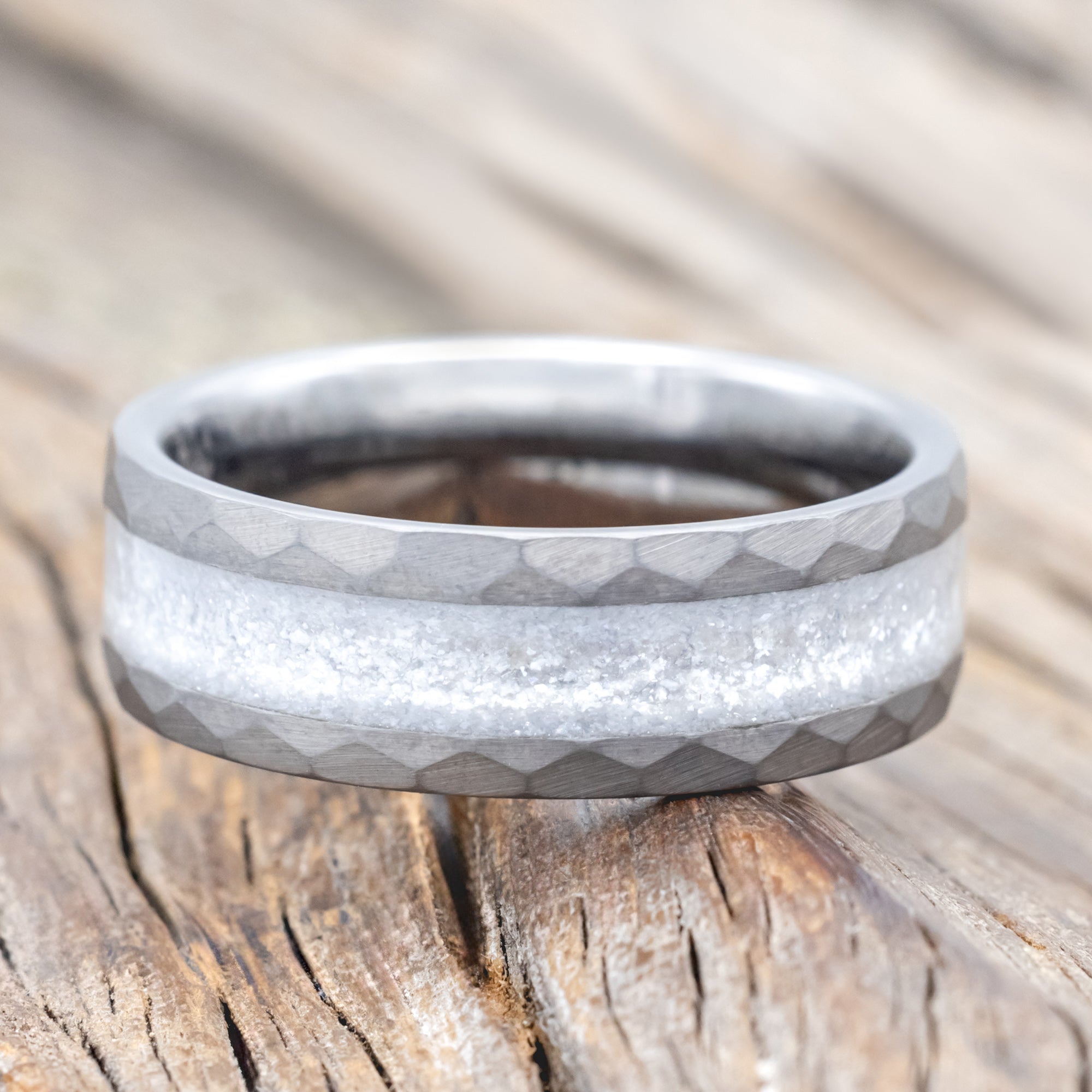 "APOLLO" - FACETED TUNGSTEN WEDDING BAND WITH DIAMOND DUST INLAY-Staghead Designs