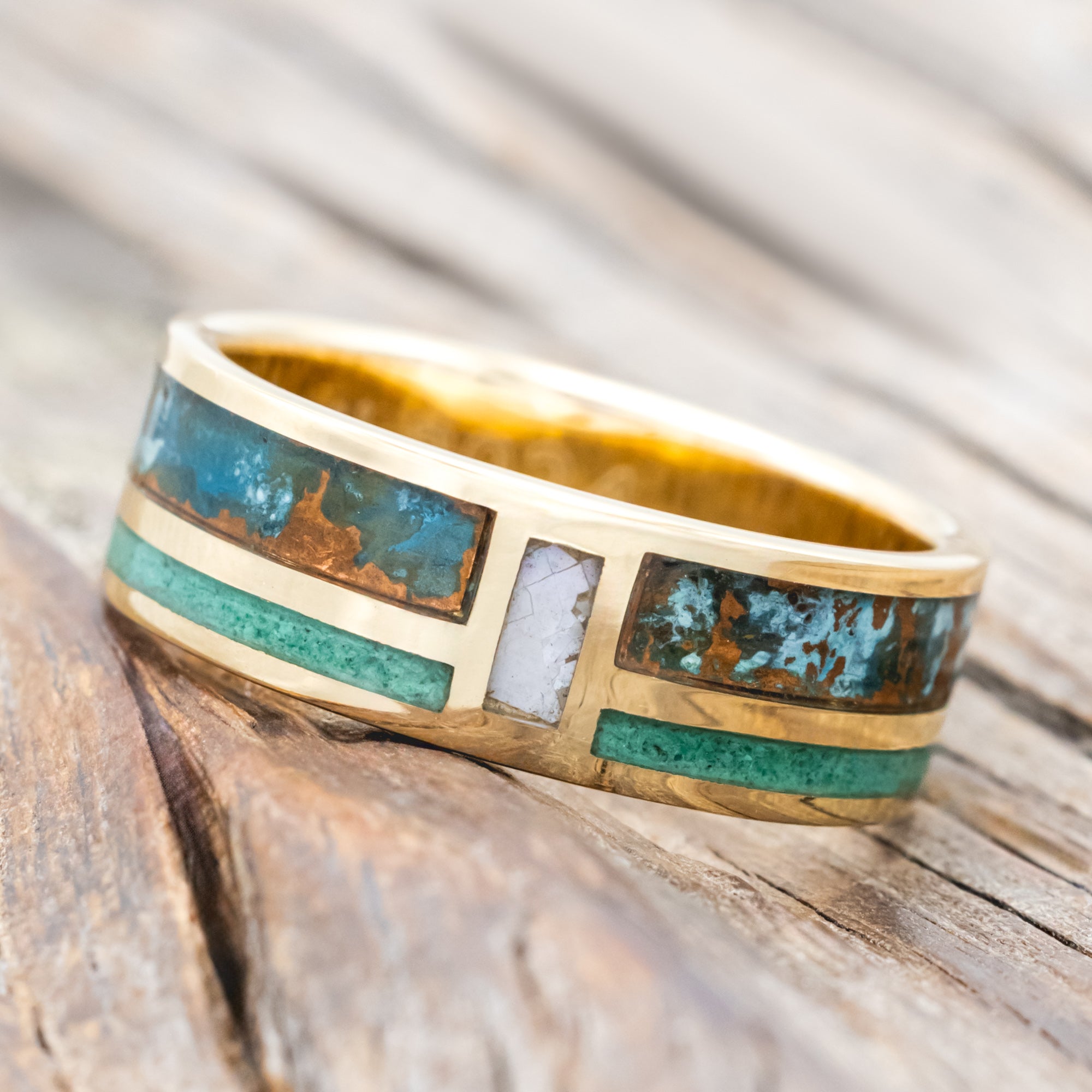 "BOWER" - PATINA COPPER, MALACHITE & MOTHER OF PEARL WEDDING RING FEATURING A 14K GOLD BAND-Staghead Designs