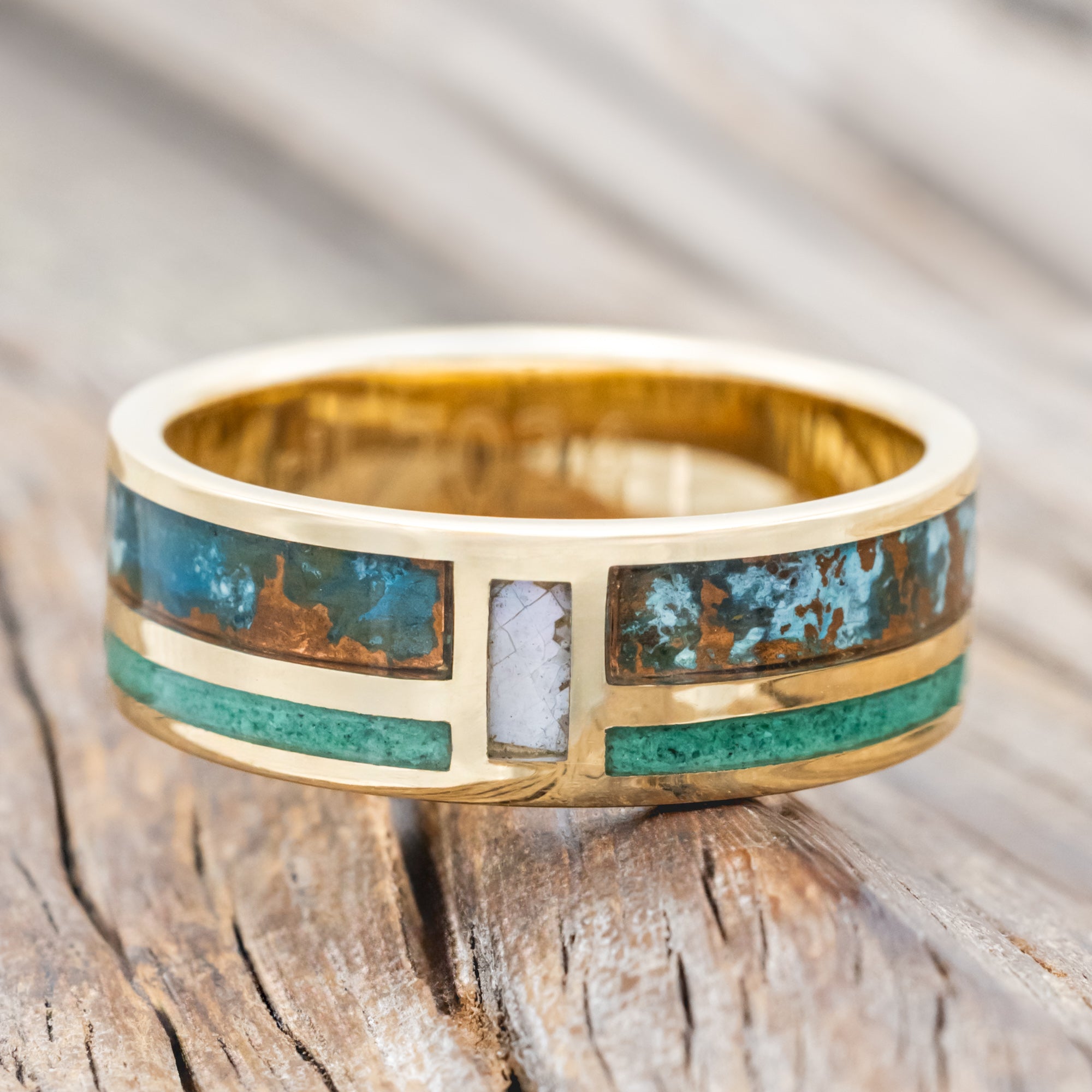 "BOWER" - PATINA COPPER, MALACHITE & MOTHER OF PEARL WEDDING RING FEATURING A 14K GOLD BAND-Staghead Designs
