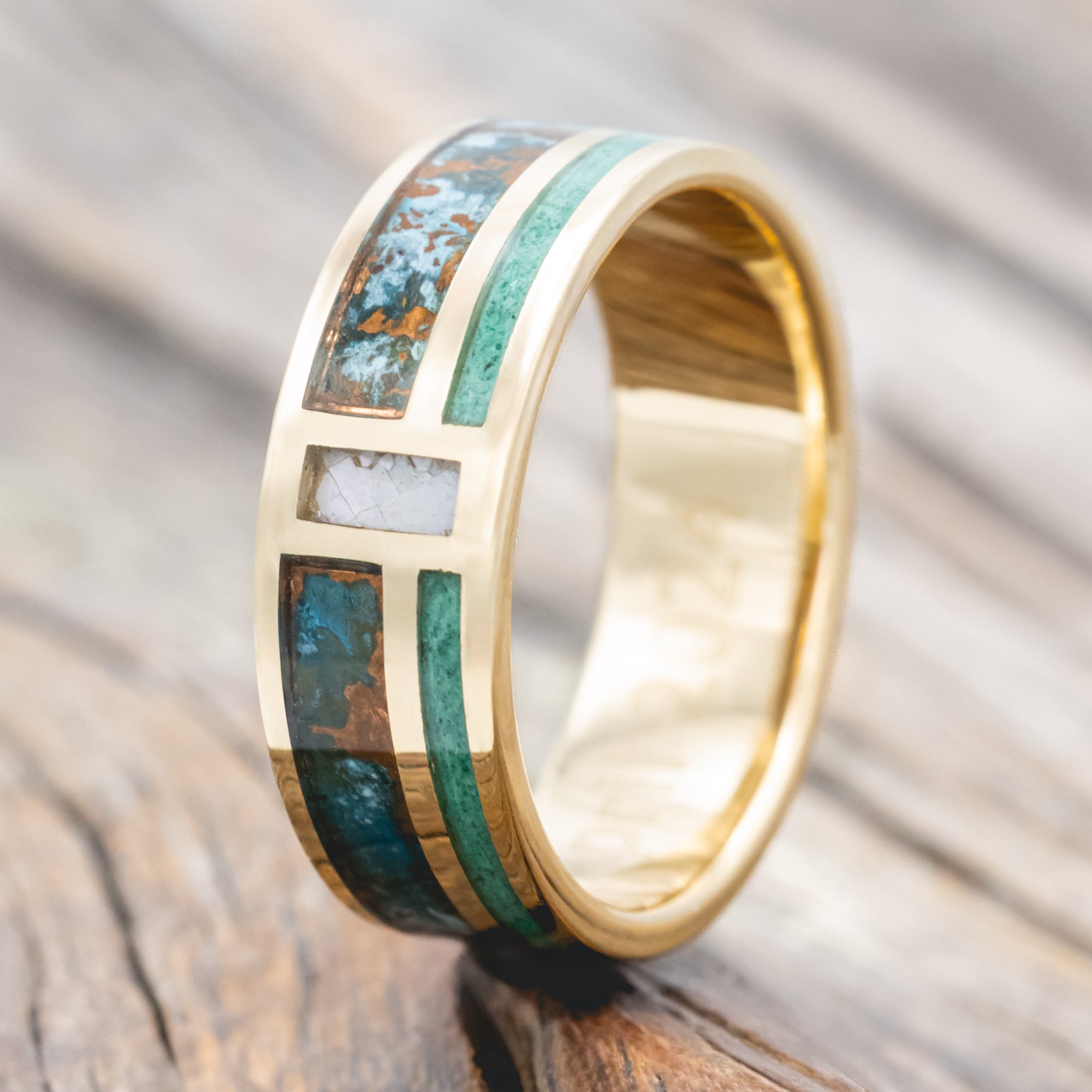 "BOWER" - PATINA COPPER, MALACHITE & MOTHER OF PEARL WEDDING RING FEATURING A 14K GOLD BAND-Staghead Designs
