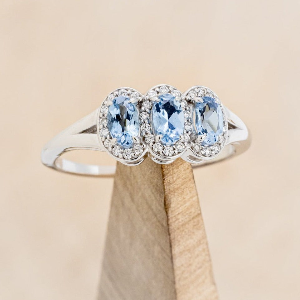 "MERCILLA" - THREE STONE OVAL AQUAMARINE ENGAGEMENT RING WITH DIAMOND ACCENTS-1