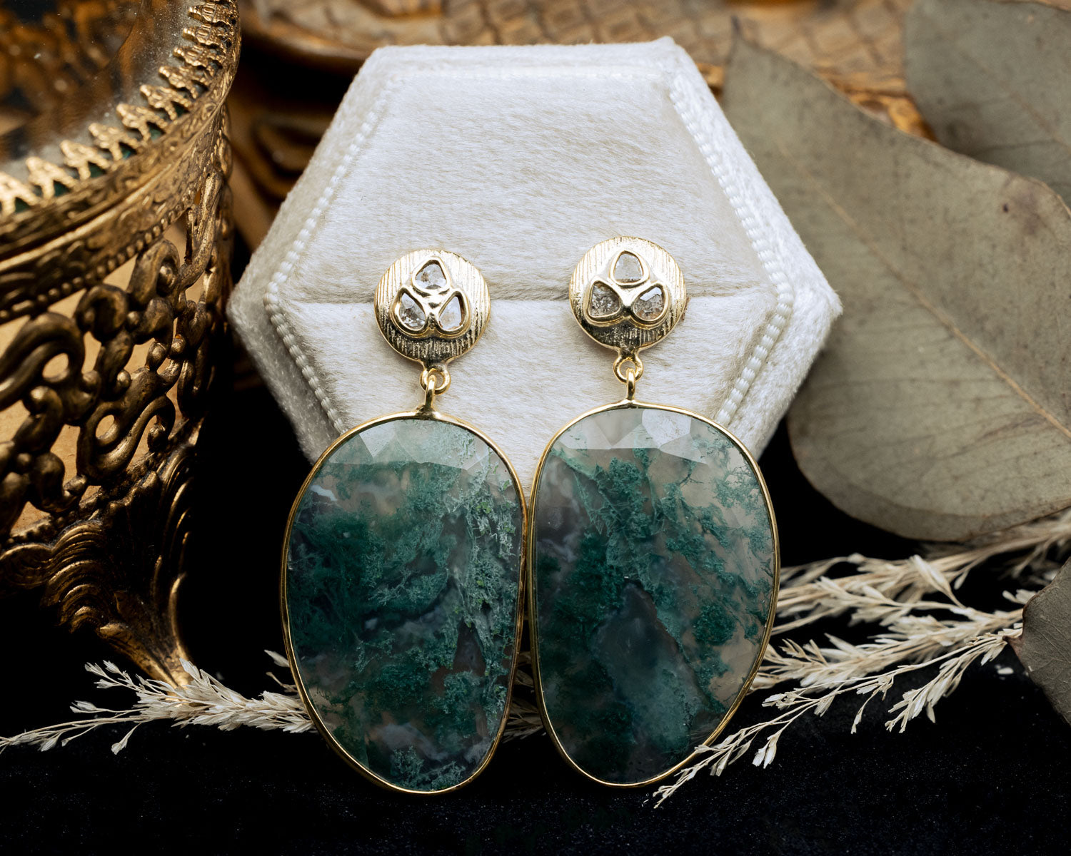 18K GOLD VERMEIL EARRINGS WITH DIAMOND ACCENTS & MOSS AGATE - BY JORGE REVILLA-Staghead Designs