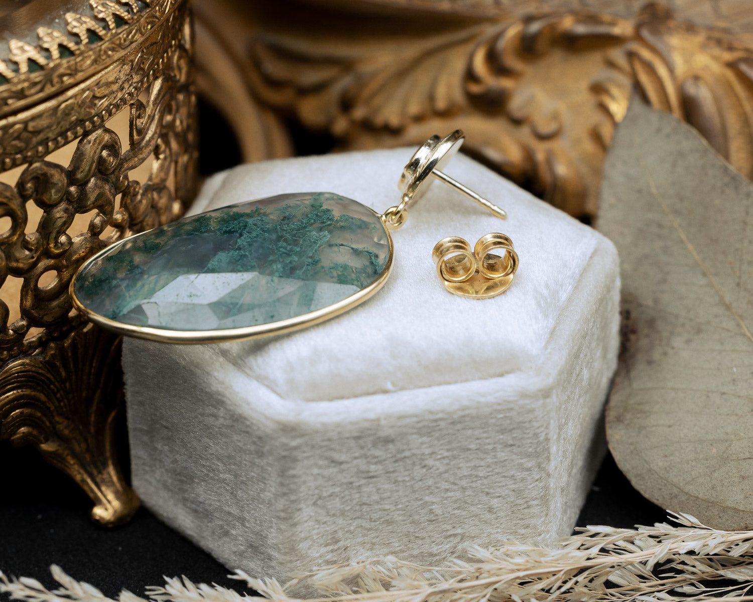 18K GOLD VERMEIL EARRINGS WITH DIAMOND ACCENTS & MOSS AGATE - BY JORGE REVILLA-Staghead Designs