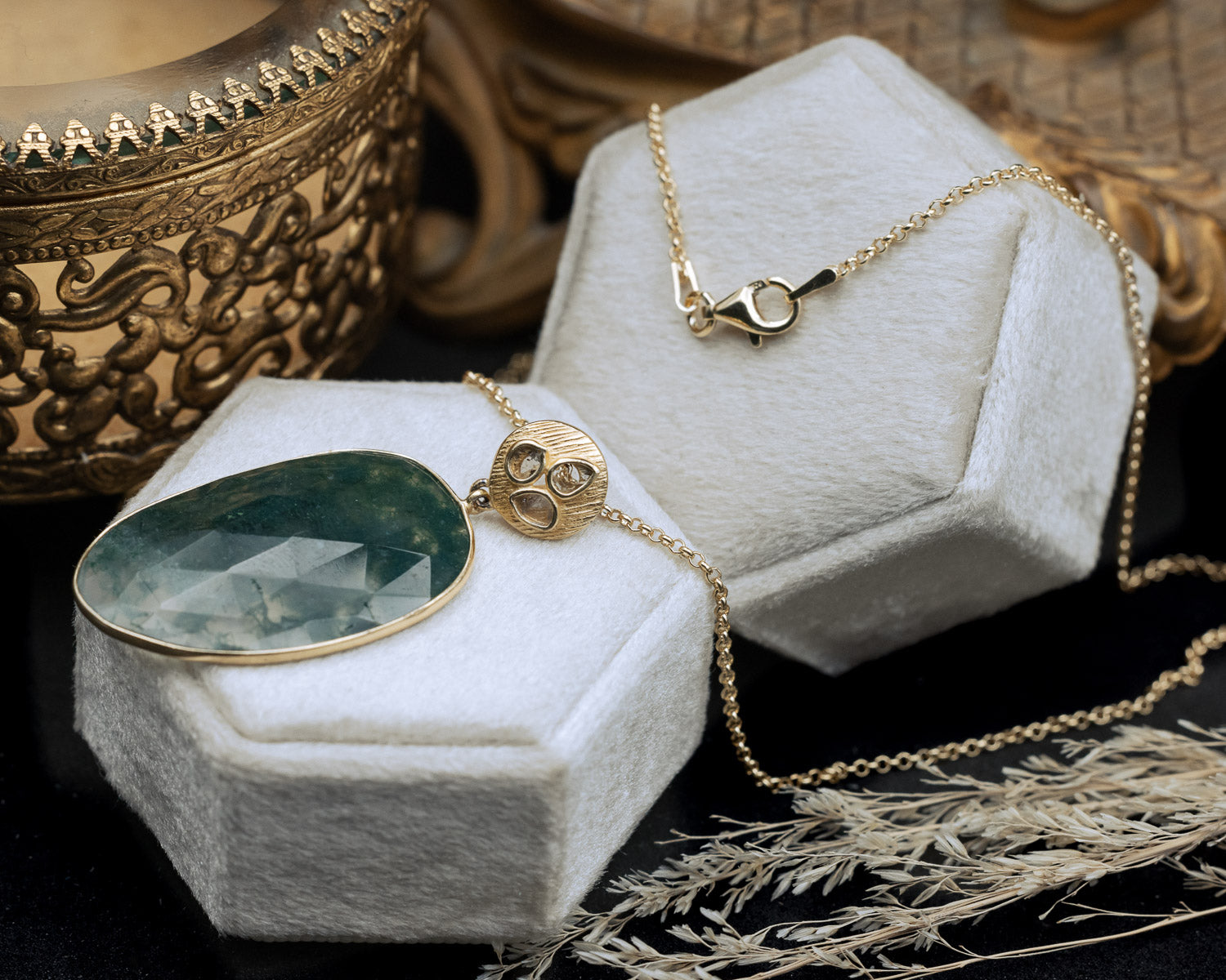 18K GOLD VERMEIL PENDANT WITH MOSS AGATE & DIAMOND ACCENTS - BY JORGE REVILLA-Staghead Designs