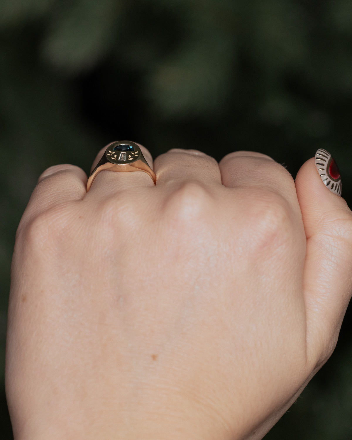 MUSHROOM SIGNET RING WITH HALF MOON CENTER STONE, DIAMOND ACCENT, AND VINE ENGRAVINGS - MOUNTING ONLY - SELECT YOUR OWN STONE-Staghead Designs