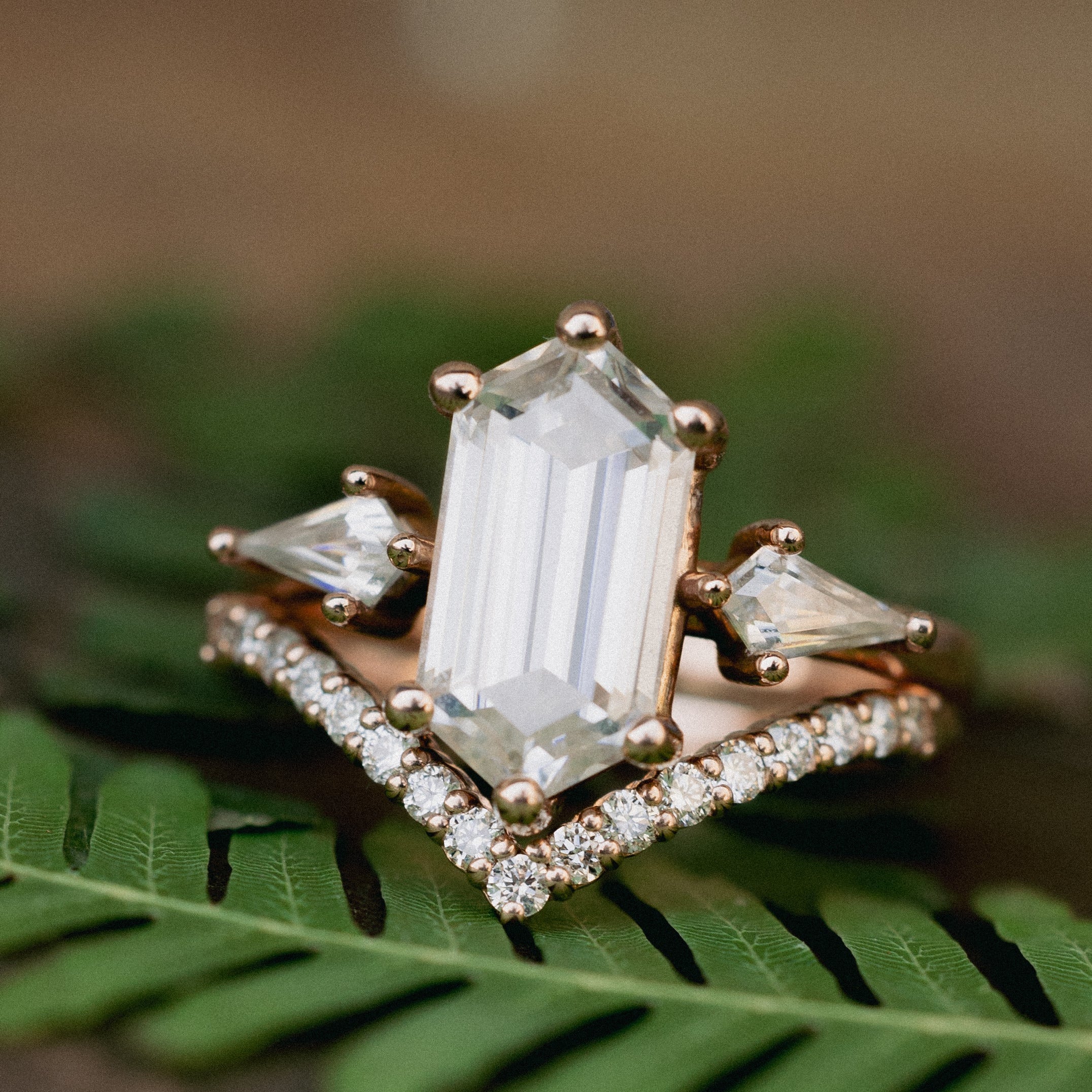 "ISLA" - ELONGATED HEXAGON CUT MOISSANITE ENGAGEMENT RING WITH MOISSANITE ACCENTS & A DIAMOND TRACER-Staghead Designs