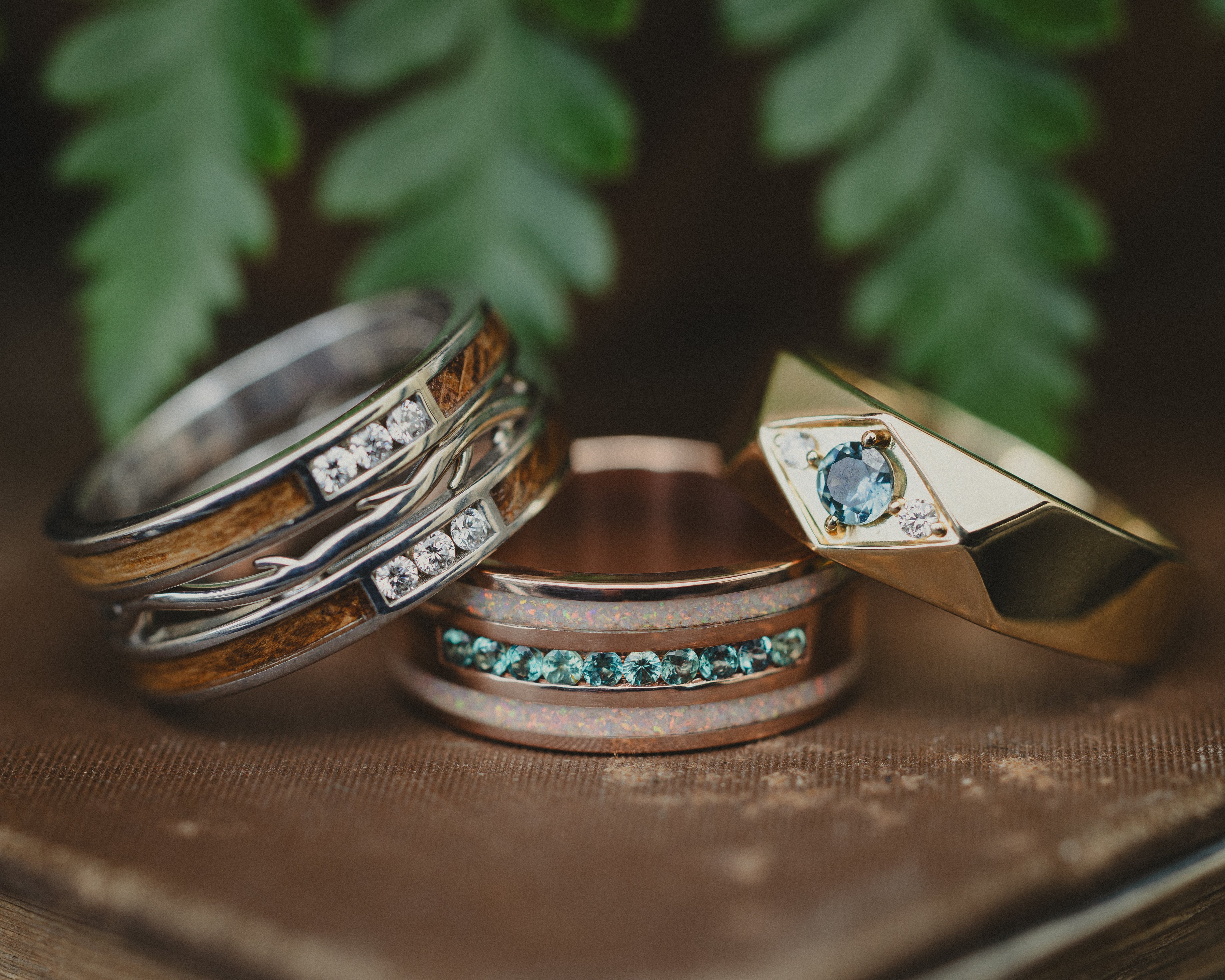 "RYDER" - FIRE AND ICE OPAL & GENUINE ALEXANDRITE WEDDING RING FEATURING A 14K GOLD BAND-Staghead Designs