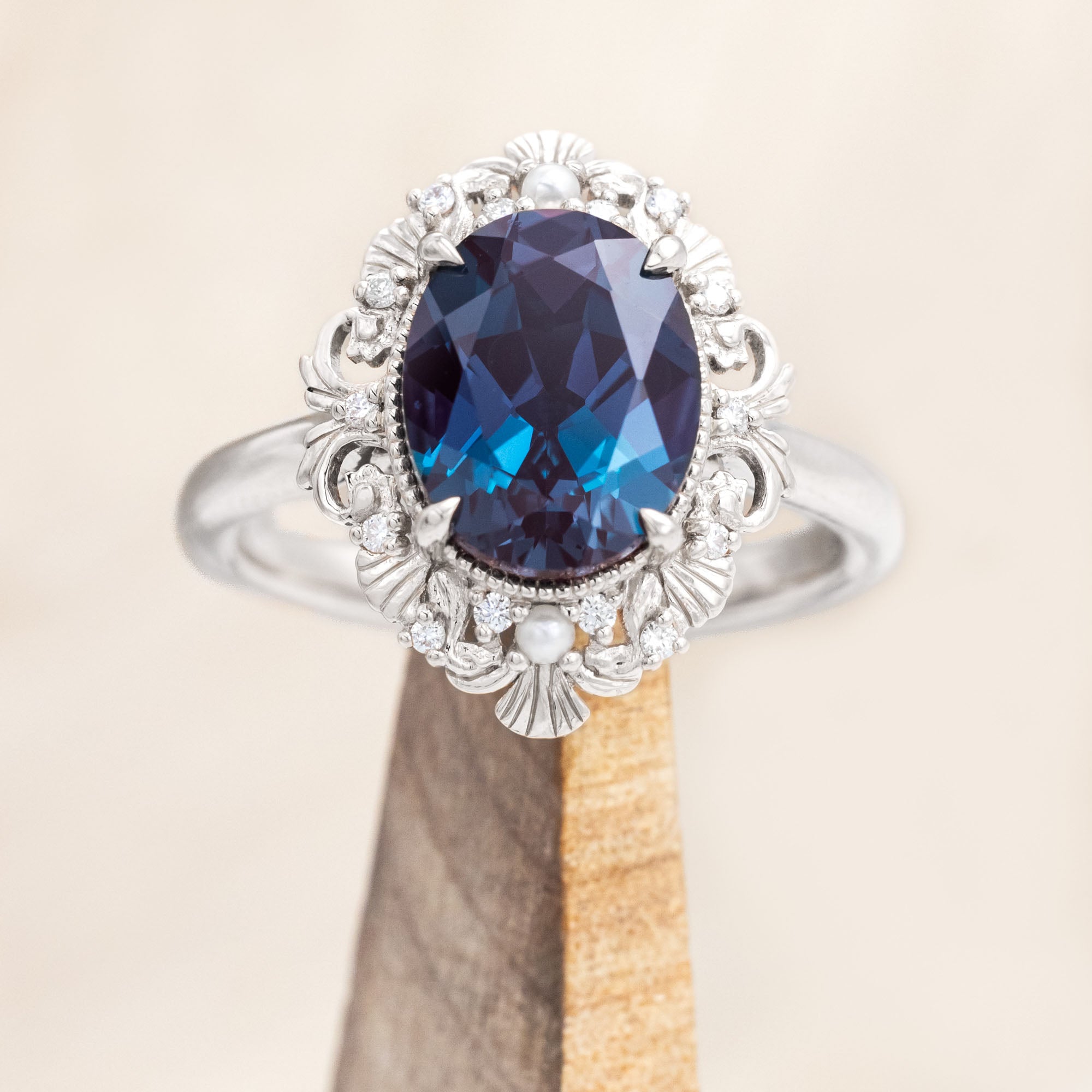 "MERROW" - OVAL CUT ENGAGEMENT RING WITH PEARL ACCENTS AND DIAMOND TRACER-Staghead Designs