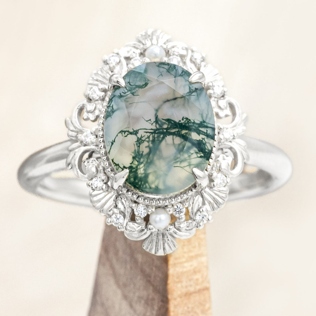 "MERROW" - OVAL CUT ENGAGEMENT RING WITH PEARL ACCENTS AND DIAMOND TRACER-Staghead Designs