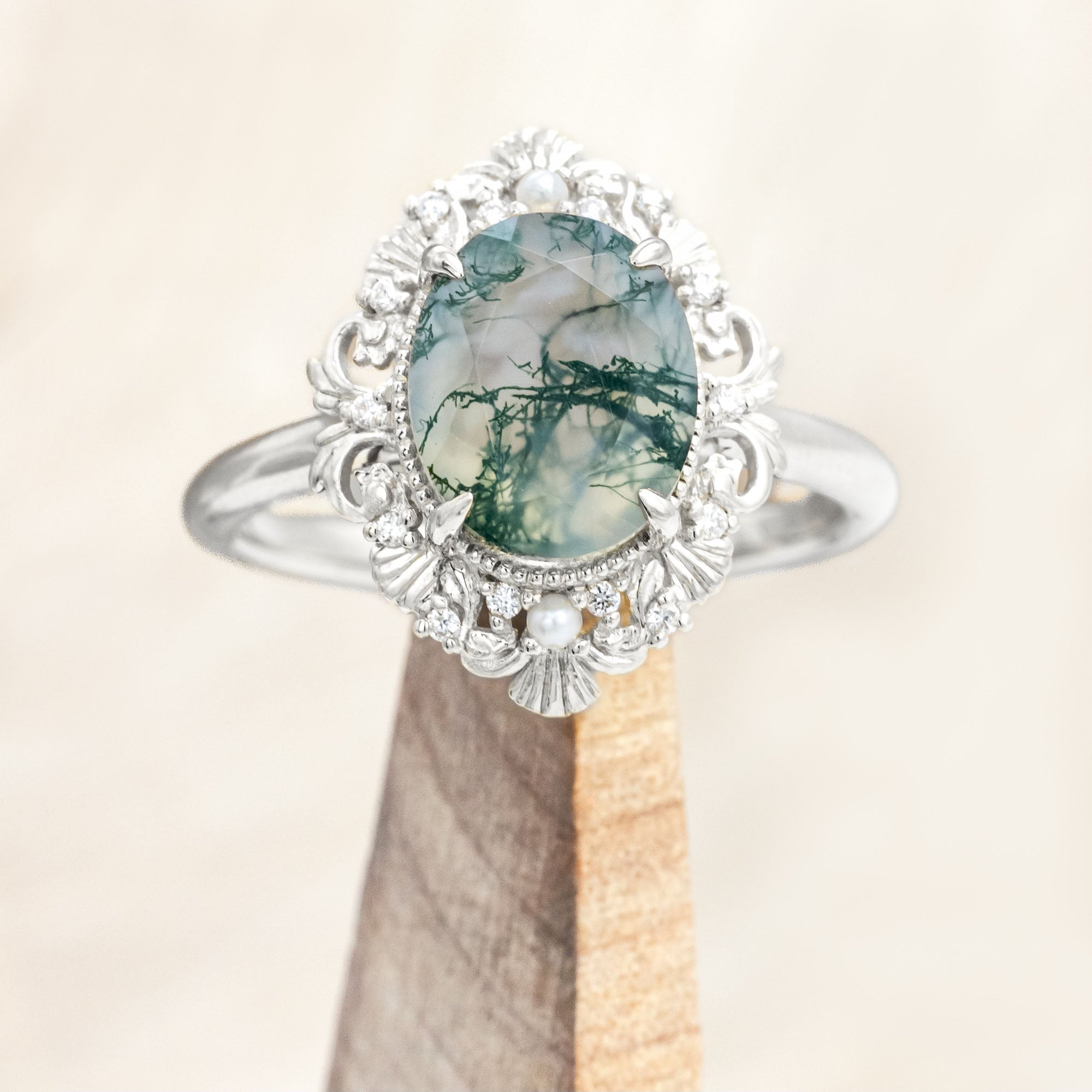 "MERROW" - OVAL CUT ENGAGEMENT RING WITH PEARL ACCENTS AND DIAMOND TRACER-Staghead Designs