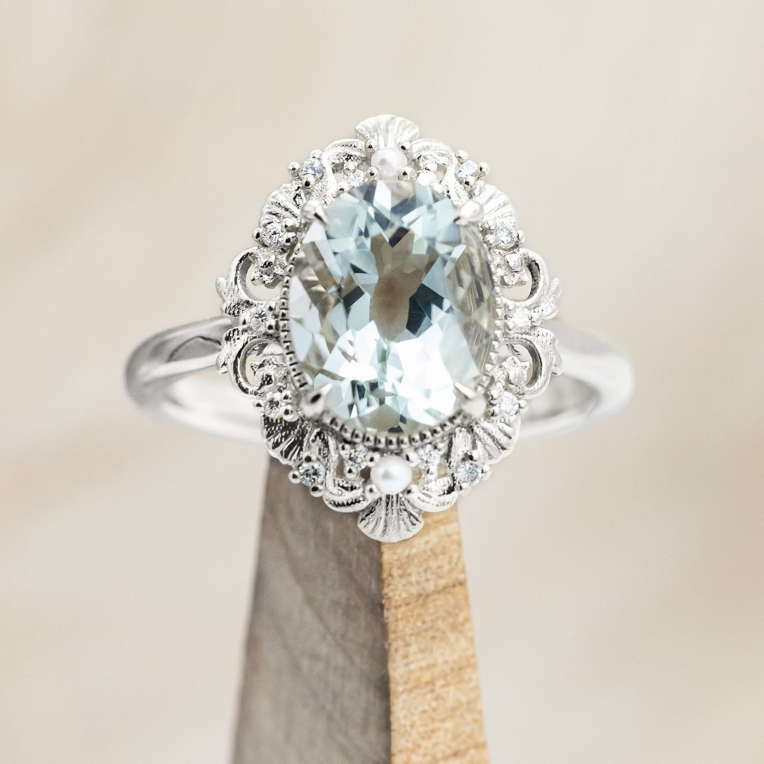 "MERROW" - OVAL CUT ENGAGEMENT RING WITH PEARL ACCENTS AND DIAMOND TRACER-Staghead Designs