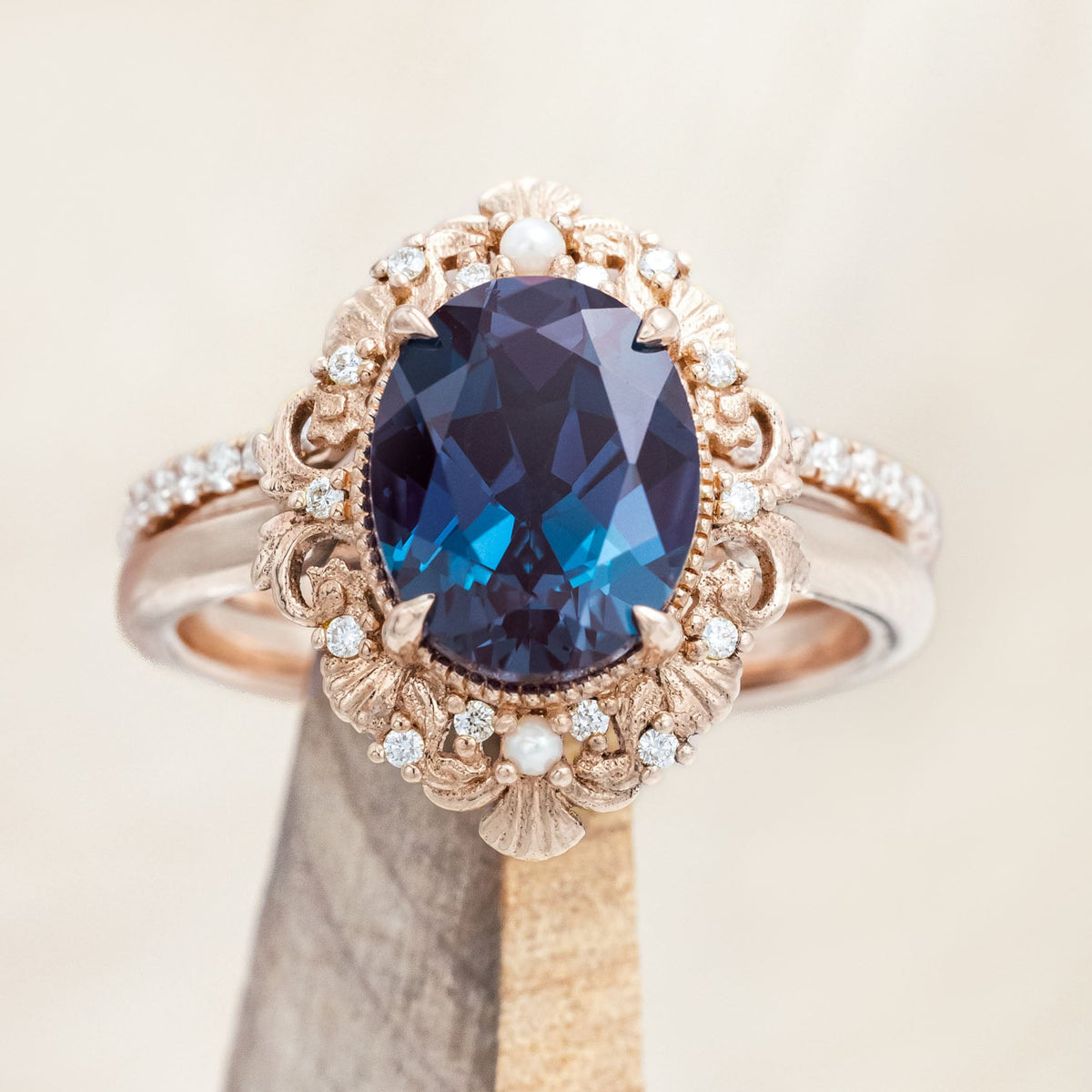 "MERROW" - OVAL CUT ENGAGEMENT RING WITH PEARL ACCENTS AND DIAMOND TRACER-Staghead Designs