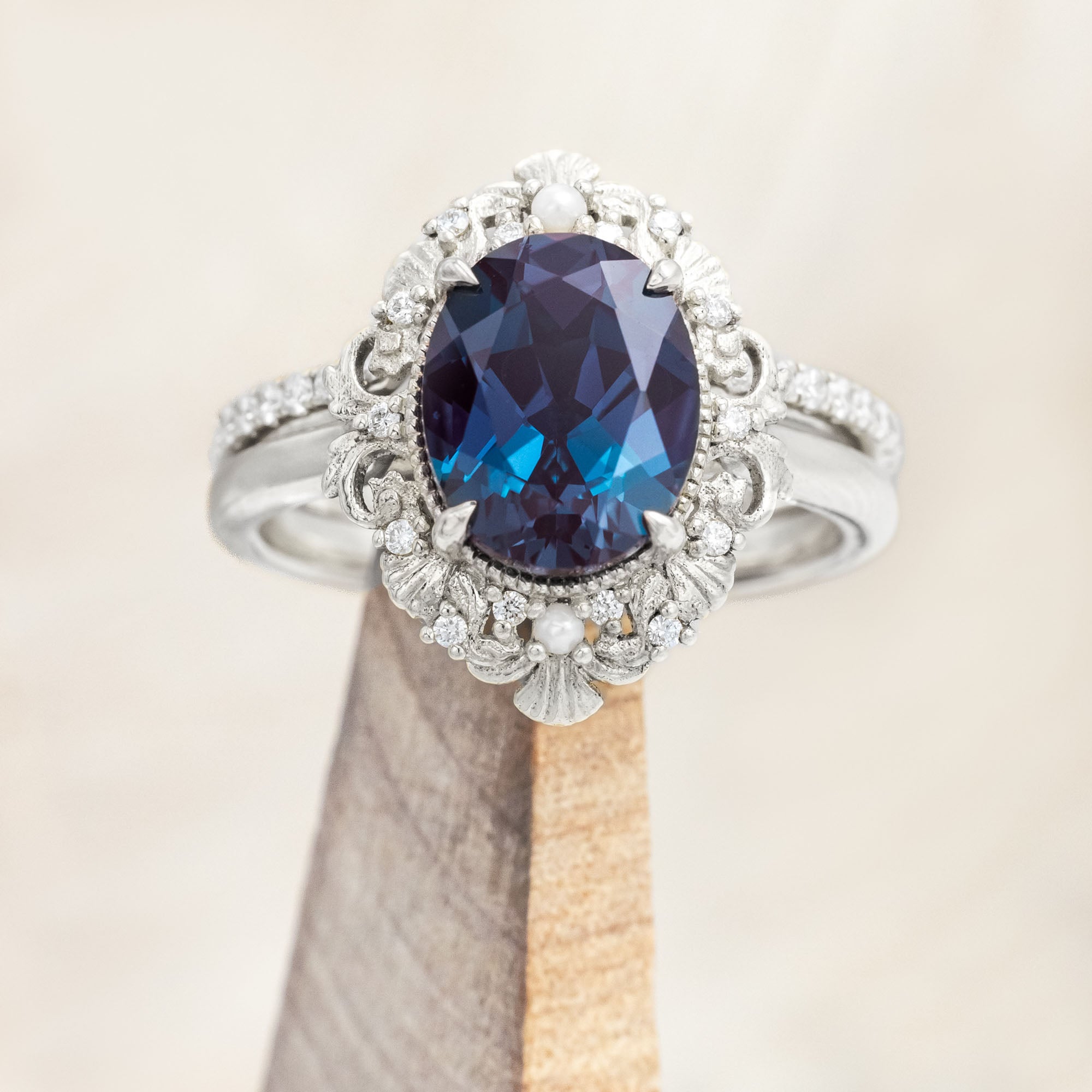 "MERROW" - OVAL CUT ENGAGEMENT RING WITH PEARL ACCENTS AND DIAMOND TRACER-Staghead Designs