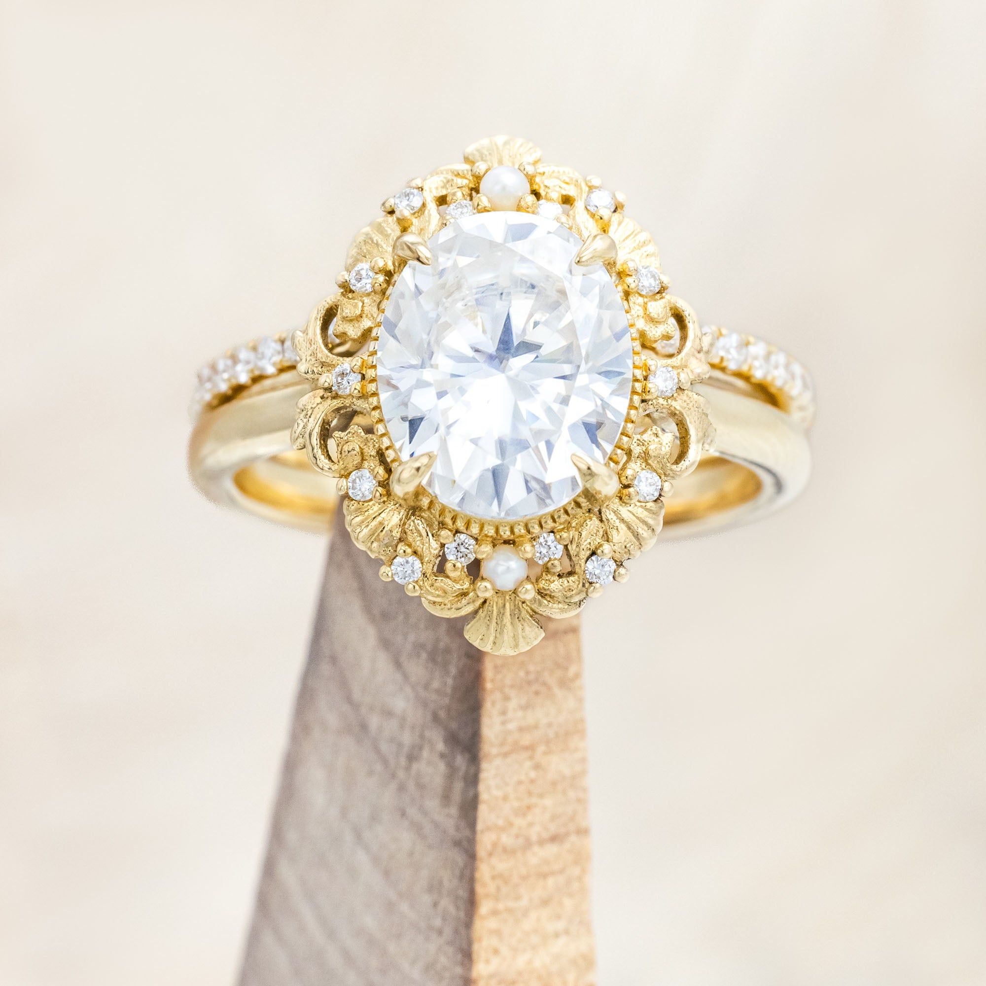 "MERROW" - OVAL CUT ENGAGEMENT RING WITH PEARL ACCENTS AND DIAMOND TRACER-Staghead Designs