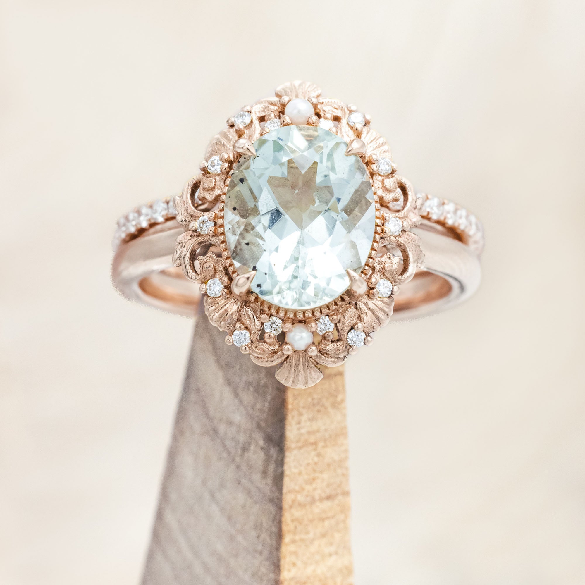 "MERROW" - OVAL CUT ENGAGEMENT RING WITH PEARL ACCENTS AND DIAMOND TRACER-Staghead Designs