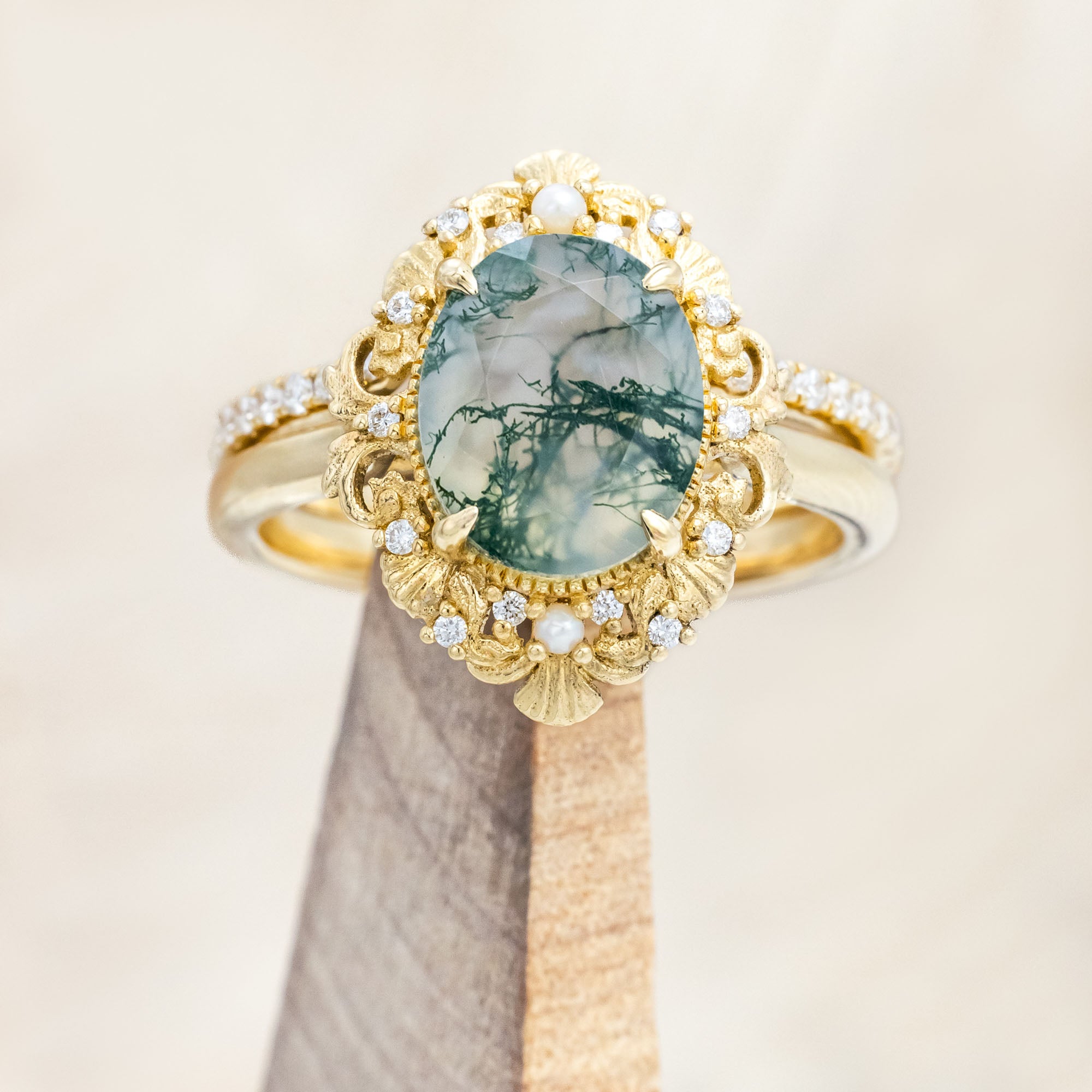 "MERROW" - OVAL CUT ENGAGEMENT RING WITH PEARL ACCENTS AND DIAMOND TRACER-Staghead Designs