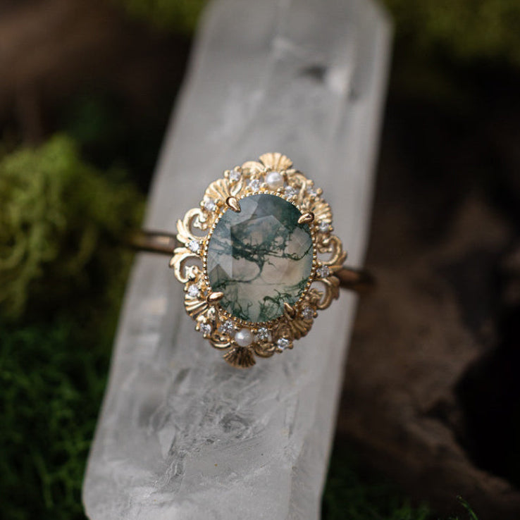 "MERROW" - OVAL CUT ENGAGEMENT RING WITH PEARL ACCENTS AND DIAMOND TRACER-Staghead Designs