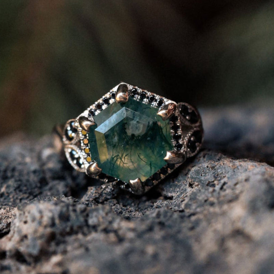 "Lucy In The Sky" - Hexagon Cut Moss Agate Engagement Ring With Black Diamonds And Fire & Ice Opal Inlays-Staghead Designs