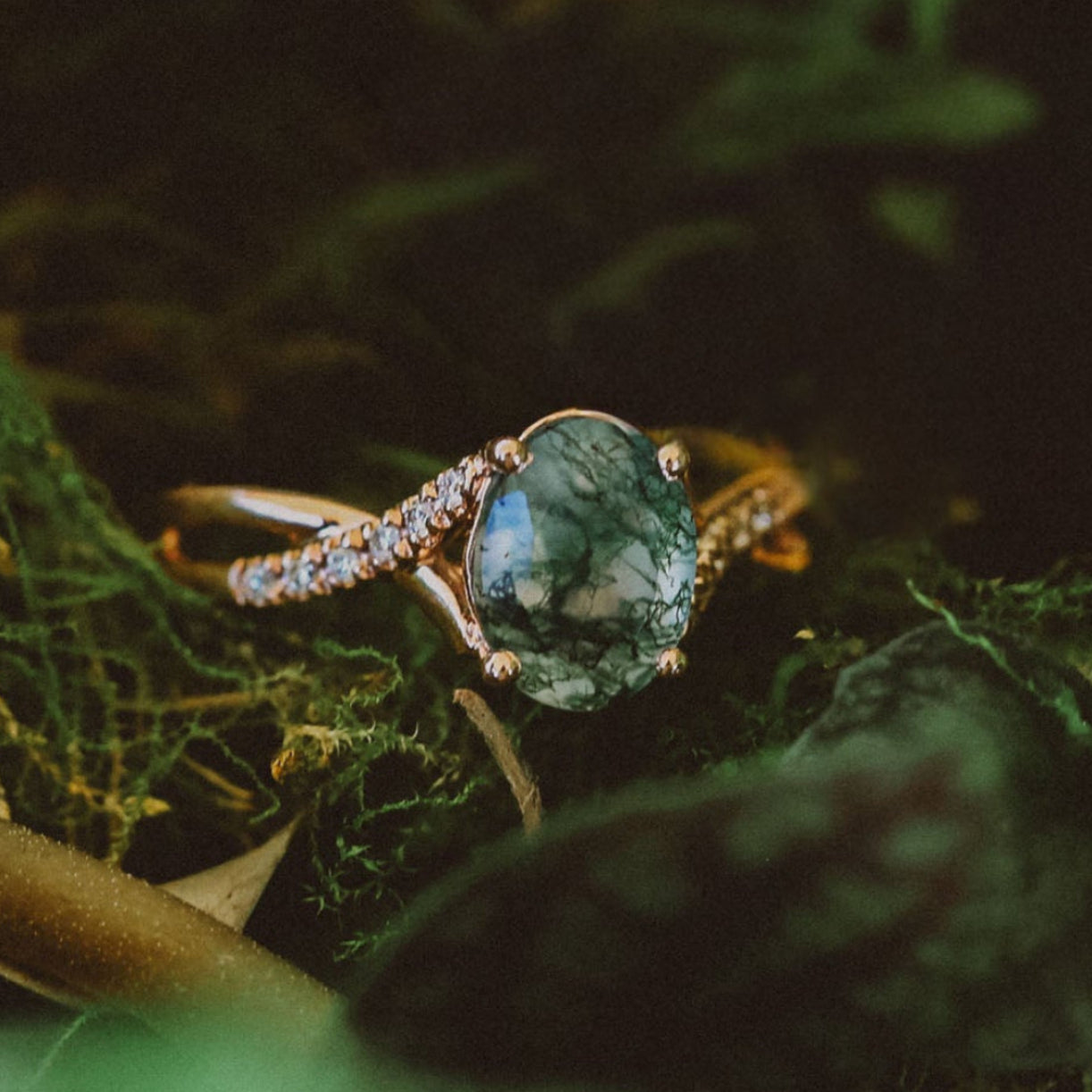 "Roslyn" - Oval Cut Moss Agate Engagement Ring With Diamond Accents-Staghead Designs