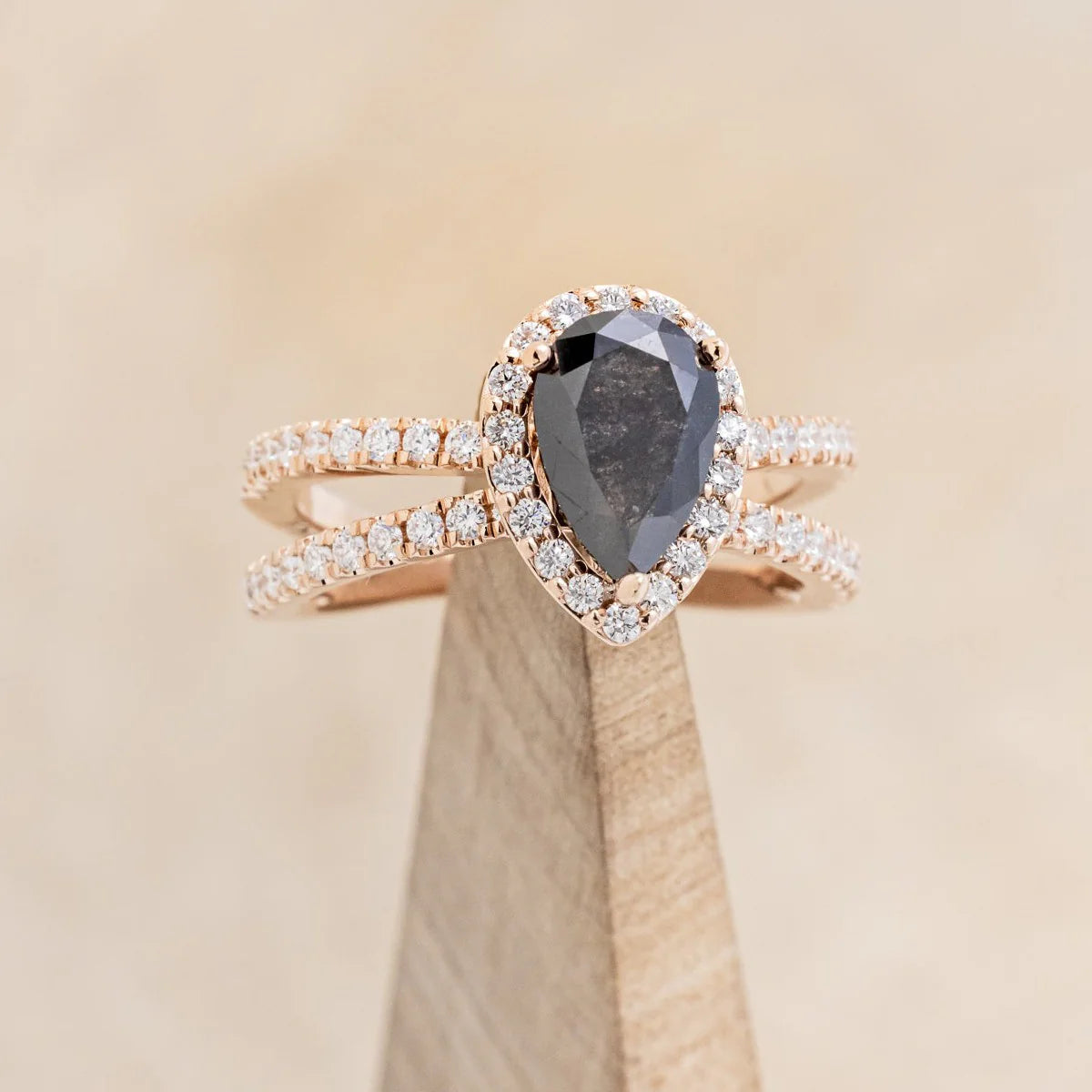 "NALA" - PEAR-SHAPED SALT & PEPPER DIAMOND ENGAGEMENT RING WITH DIAMOND HALO & ACCENTS - 14K ROSE GOLD - SIZE 7-1