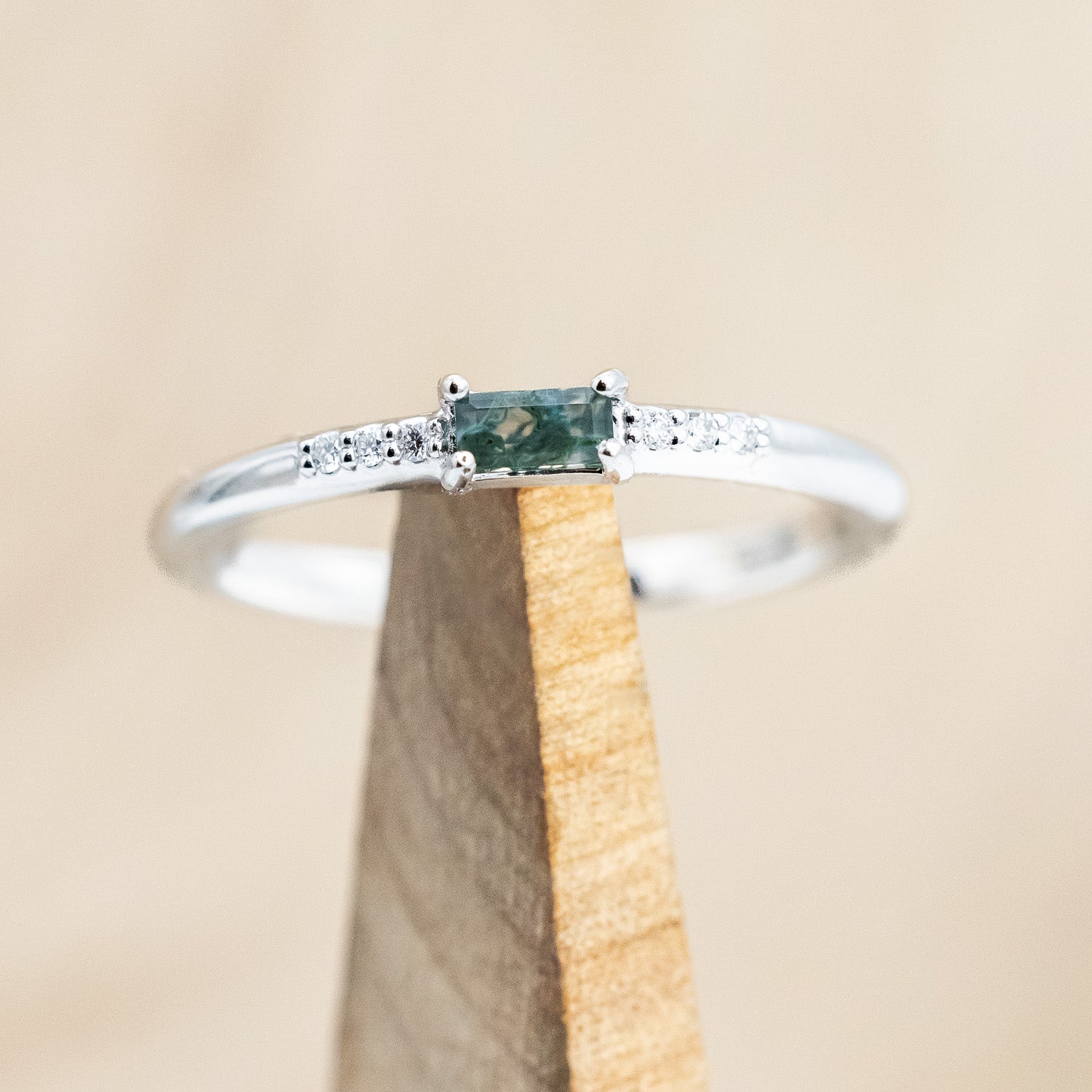 "NATALIA" - BAGUETTE-CUT MOSS AGATE STACKER WITH DIAMOND ACCENTS-Staghead Designs