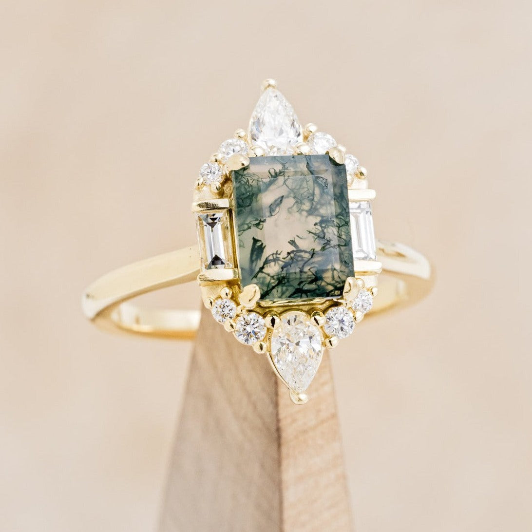 "NEFERTITI" - EMERALD-CUT MOSS AGATE ENGAGEMENT RING WITH DIAMOND ACCENTS-1