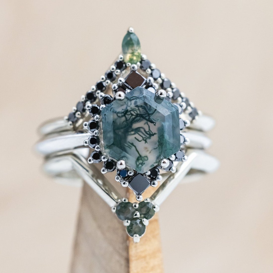 "NEREZZA" - BRIDAL SUITE - HEXAGON CUT MOSS AGATE ENGAGEMENT RING WITH BLACK DIAMOND ACCENTS & TRACERS-Staghead Designs