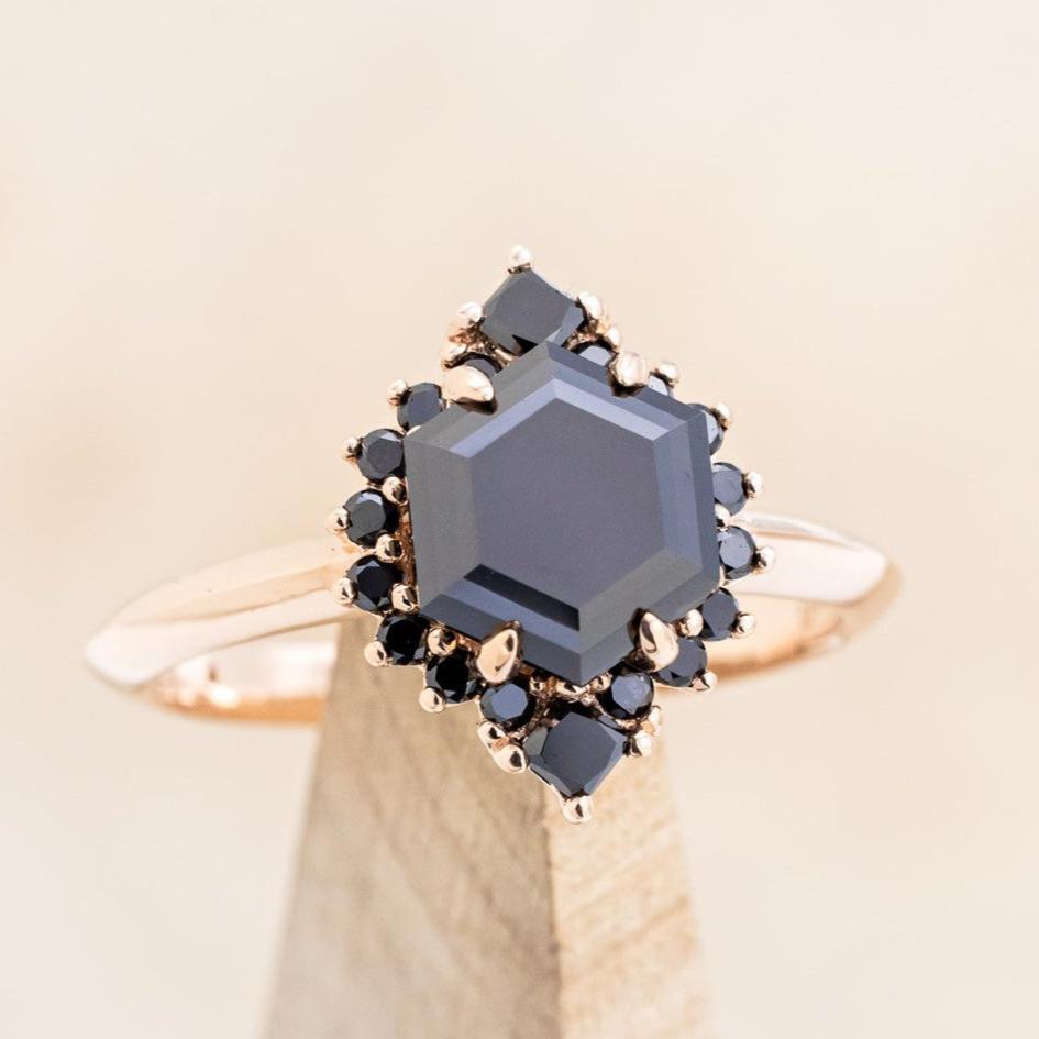 "NEREZZA" - HEXAGON CUT BLACK MOISSANITE ENGAGEMENT RING WITH A BLACK DIAMOND HALO-1