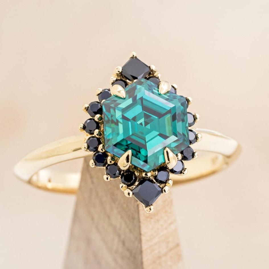 "NEREZZA" - HEXAGON CUT GREEN MOISSANITE ENGAGEMENT RING WITH A BLACK DIAMOND HALO-1