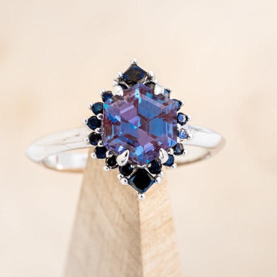 "NEREZZA" - HEXAGON CUT LAB-GROWN ALEXANDRITE ENGAGEMENT RING WITH A BLACK DIAMOND HALO-1