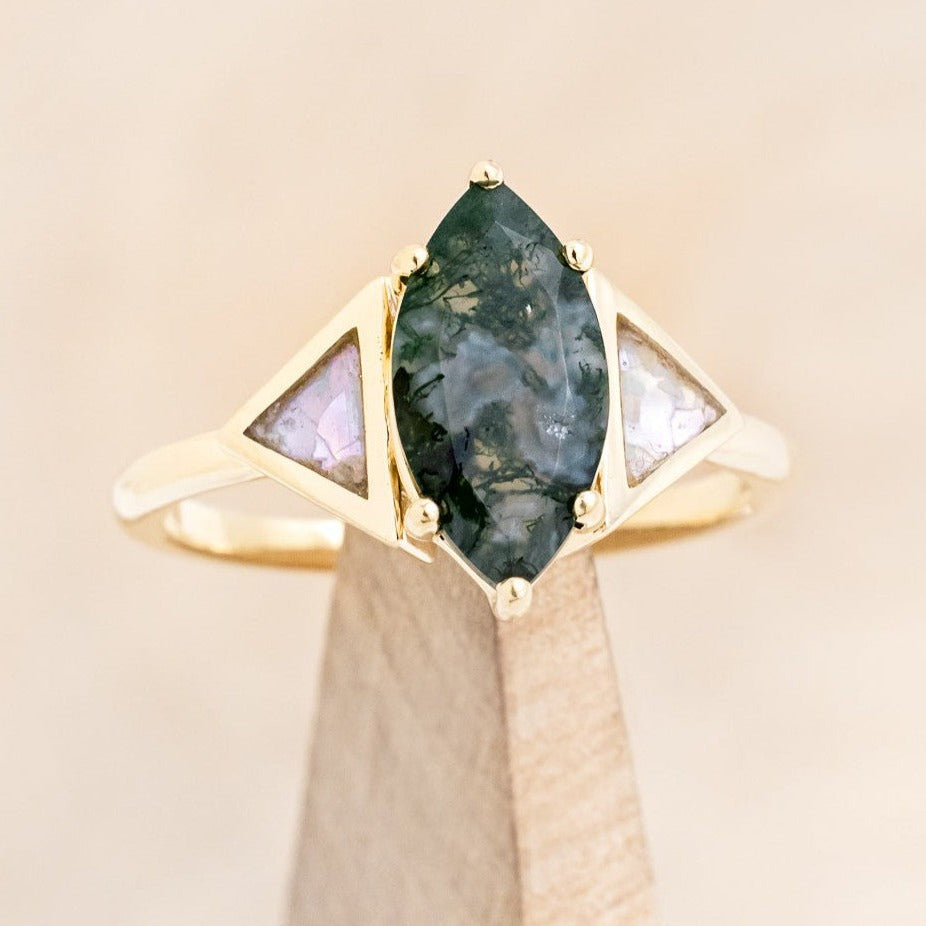 "NILE" - MARQUISE MOSS AGATE ENGAGEMENT RING WITH MOTHER OF PEARL INLAYS-1