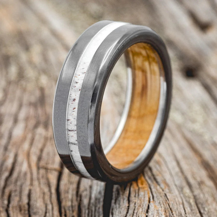 "NIRVANA" - ANTLER WEDDING RING FEATURING A WHISKEY BARREL LINED BAND - BLACK ZIRCONIUM - SIZE 9 1/4-Staghead Designs