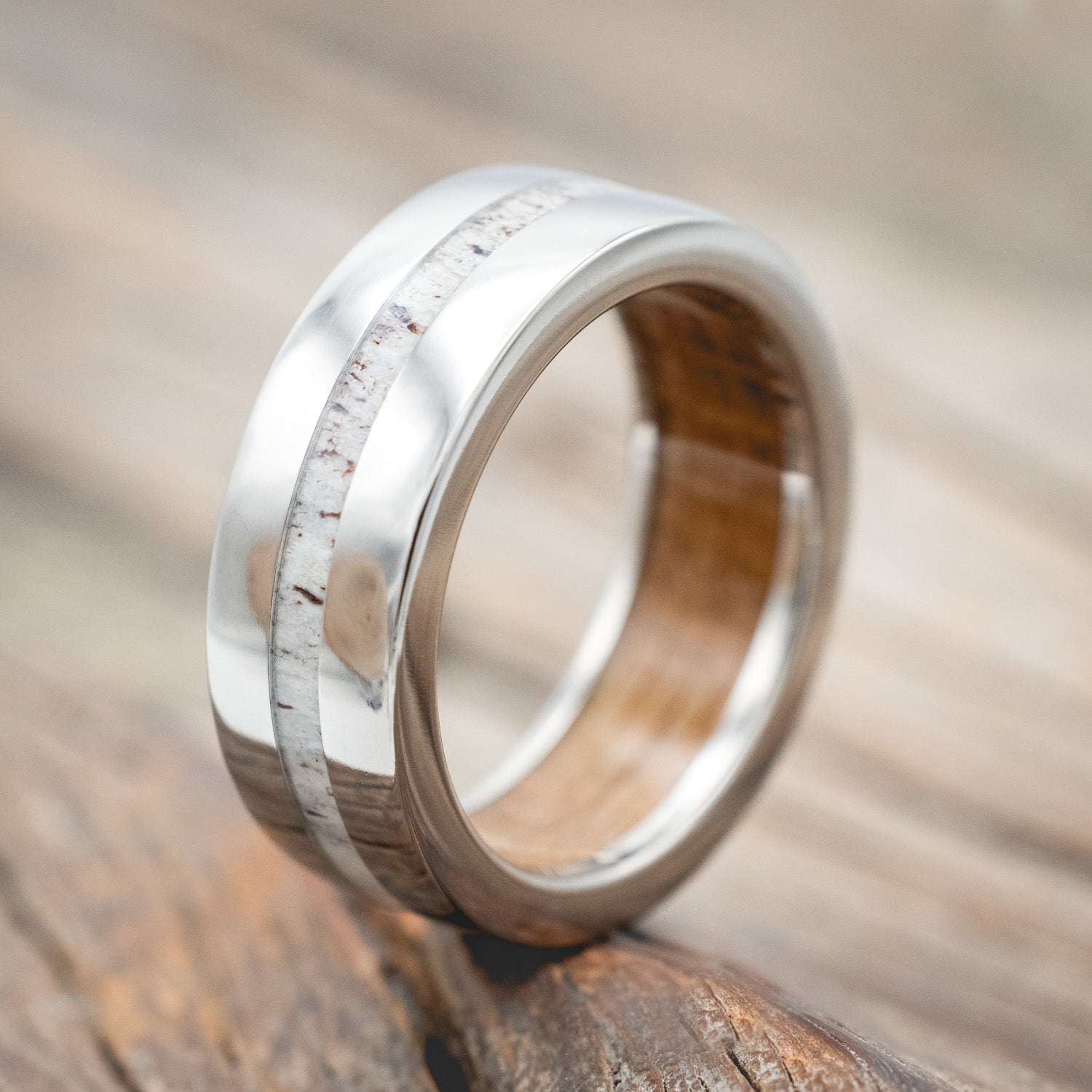 "NIRVANA" - ANTLER WEDDING RING FEATURING A WHISKEY BARREL LINED BAND-Staghead Designs