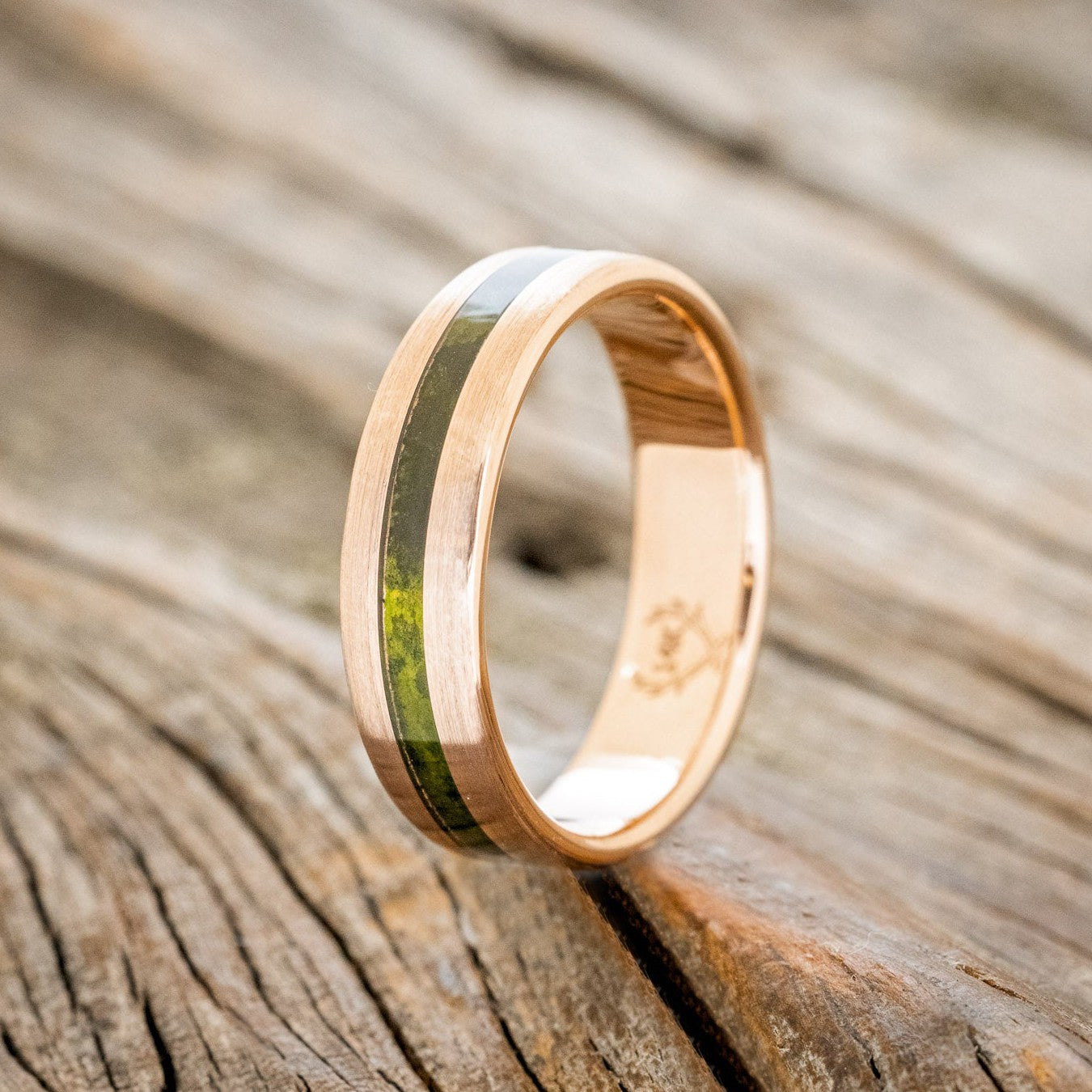 "NIRVANA" - CENTERED MOSSY PATINA COPPER WEDDING RING FEATURING A BRUSHED 14K GOLD BAND-1