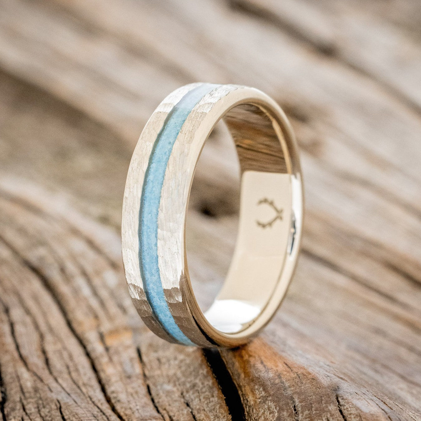 "NIRVANA" - CENTERED TURQUOISE INLAY WEDDING BAND WITH HAMMERED FINISH-1