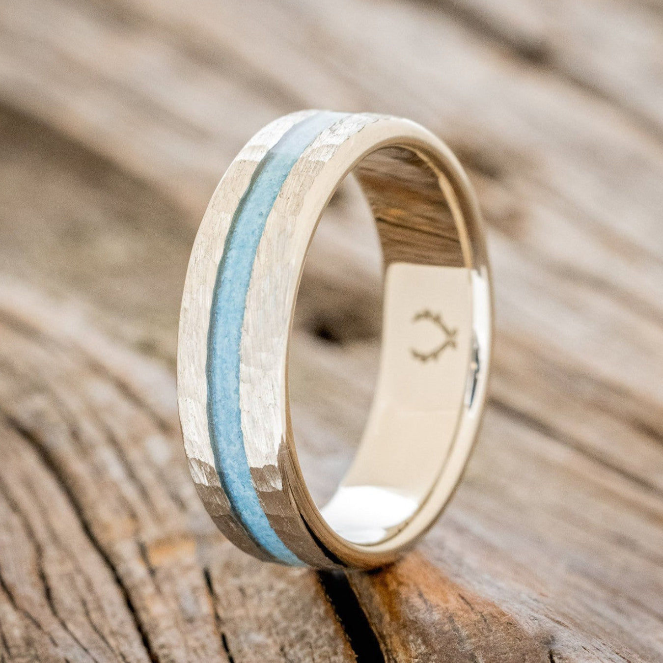 "NIRVANA" - CENTERED TURQUOISE INLAY WEDDING BAND WITH HAMMERED FINISH-1