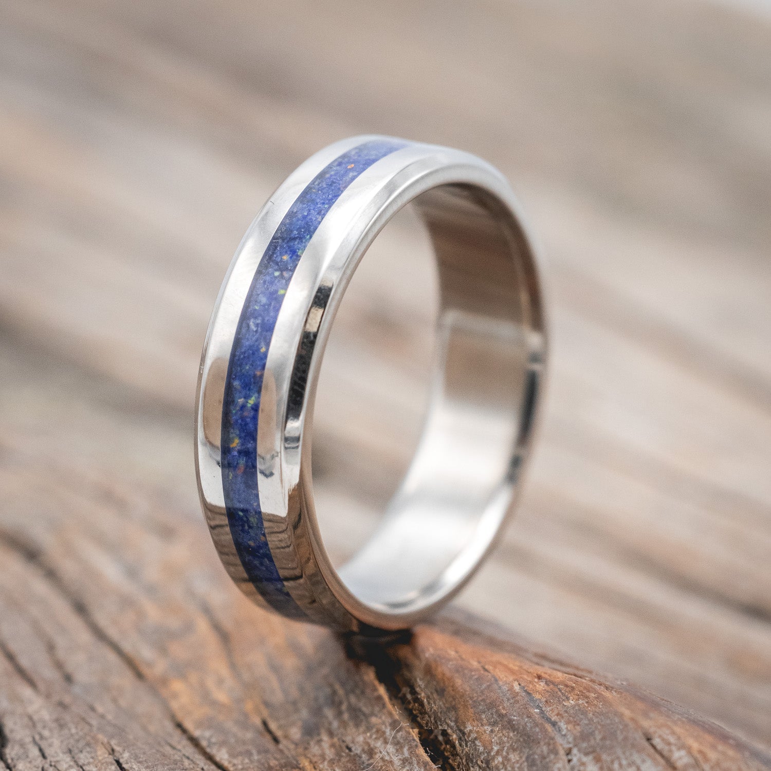 "NIRVANA" - WEDDING BAND WITH MIXED LAPIS LAZULI & FIRE & ICE OPAL INLAY-Staghead Designs