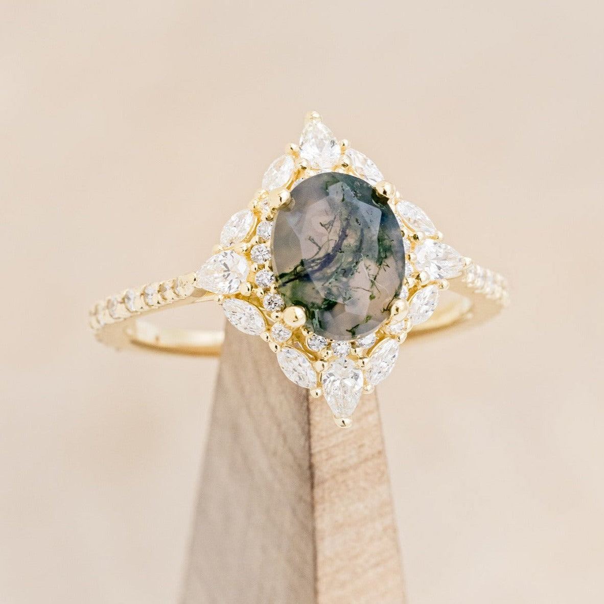 "NORTH STAR" - OVAL MOSS AGATE ENGAGEMENT RING WITH DIAMOND HALO & ACCENTS-1