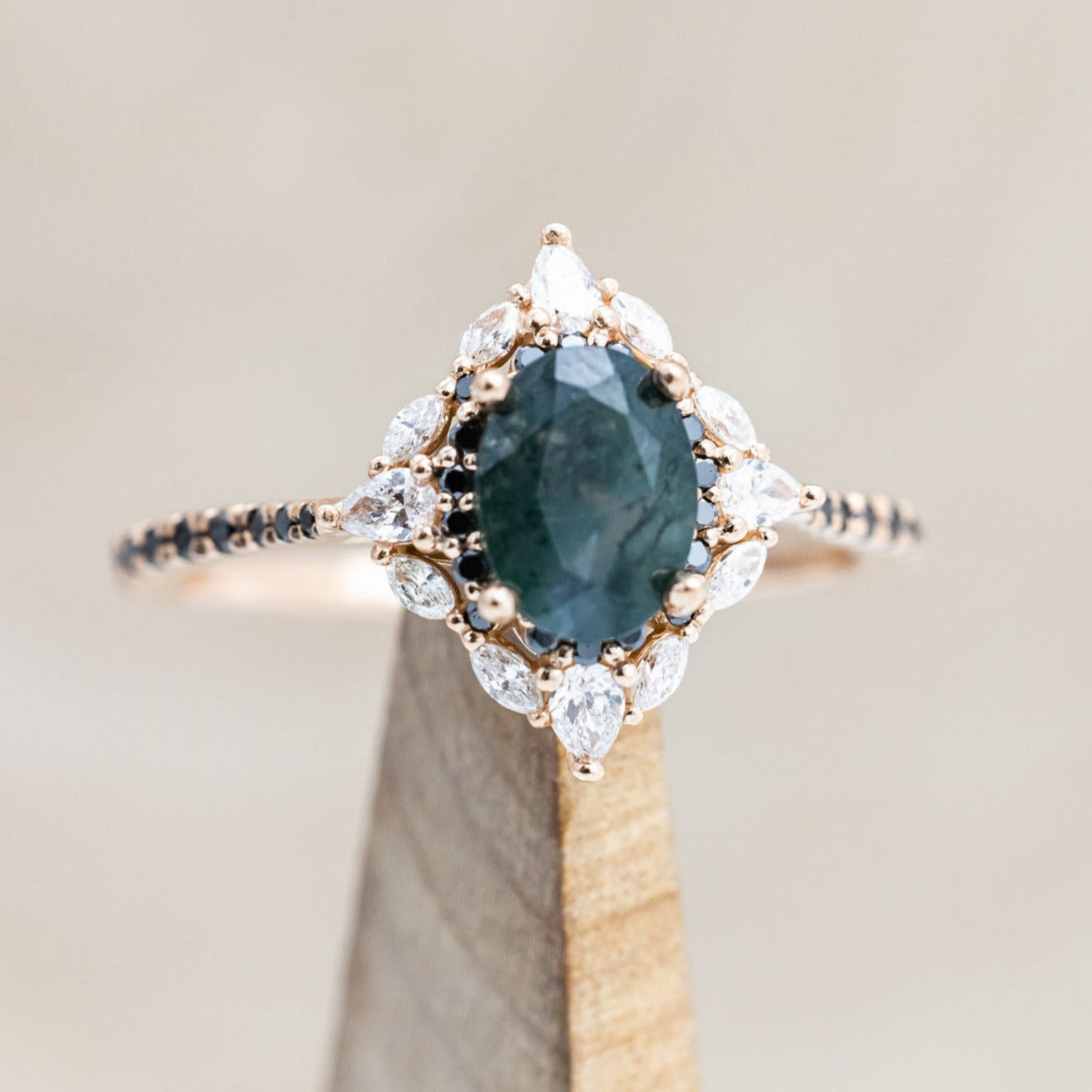 "NORTH STAR" - OVAL MOSS AGATE ENGAGEMENT RING WITH DIAMOND HALO & BLACK DIAMOND ACCENTS-Staghead Designs