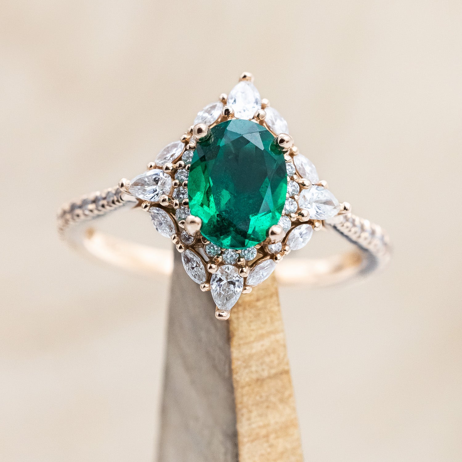"NORTH STAR" - OVAL CUT CENTER STONE ENGAGEMENT RING WITH DIAMOND HALO & ACCENTS-Staghead Designs