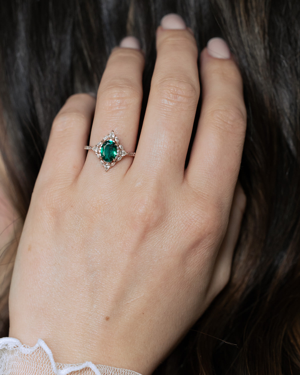 "NORTH STAR" - OVAL CUT CENTER STONE ENGAGEMENT RING WITH DIAMOND HALO & ACCENTS-Staghead Designs