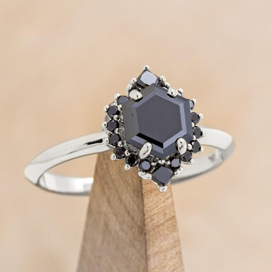 "NEREZZA" - HEXAGON CUT ENGAGEMENT RING WITH A BLACK DIAMOND HALO-Staghead Designs