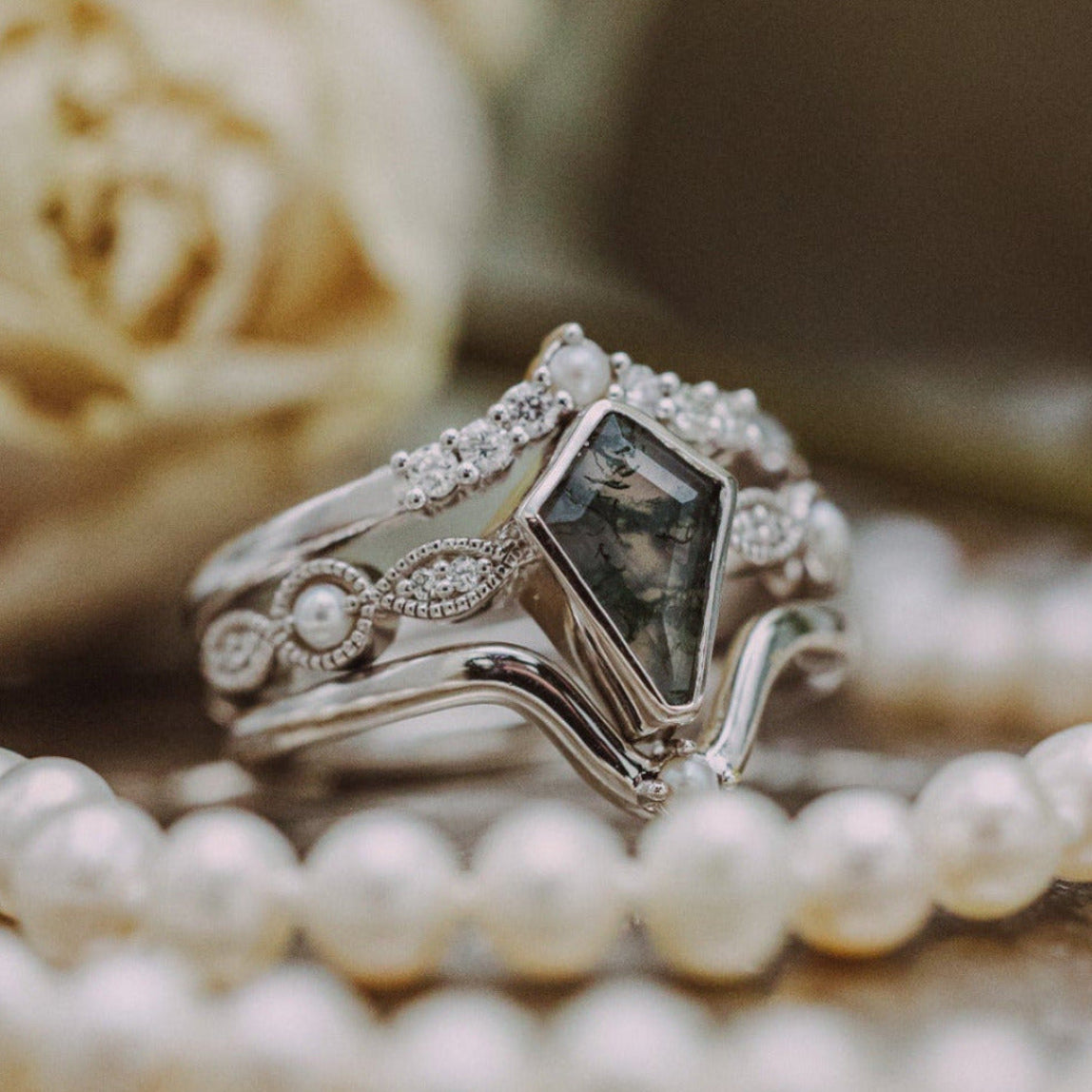 "BIANCA" - BRIDAL SUITE - KITE CUT MOSS AGATE ENGAGEMENT RING WITH PEARLS & DIAMOND ACCENTS-38